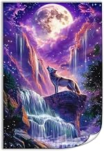 Waterfall Wildlife Wolf Canvas Wall Art Howling Poster Purple Fantasy Pictures Wall Decor Cool Animals Wolves Pictures Paintings Bedroom Bathroom Home Living Room Decor Unframed 12x18inch(30x45cm)