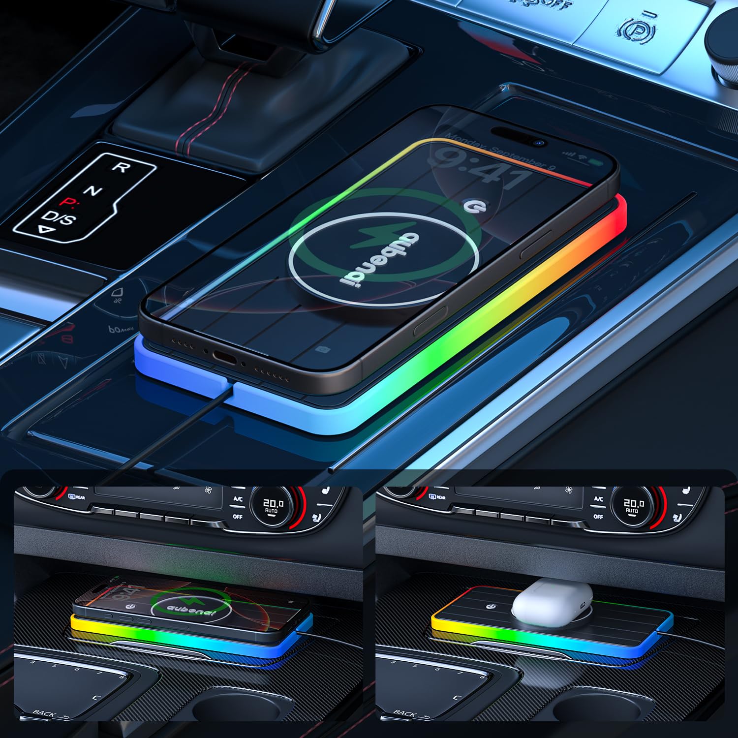 für MagSafe Auto Ladegerät Pad, 15W RGB Magnetische Wireless Car Charger Matte, Auto Magnetische Induktive Ladestation mit 70cm USB-A Verlängerungskabel Kompatibel mit iPhone 16 15 14 13 12