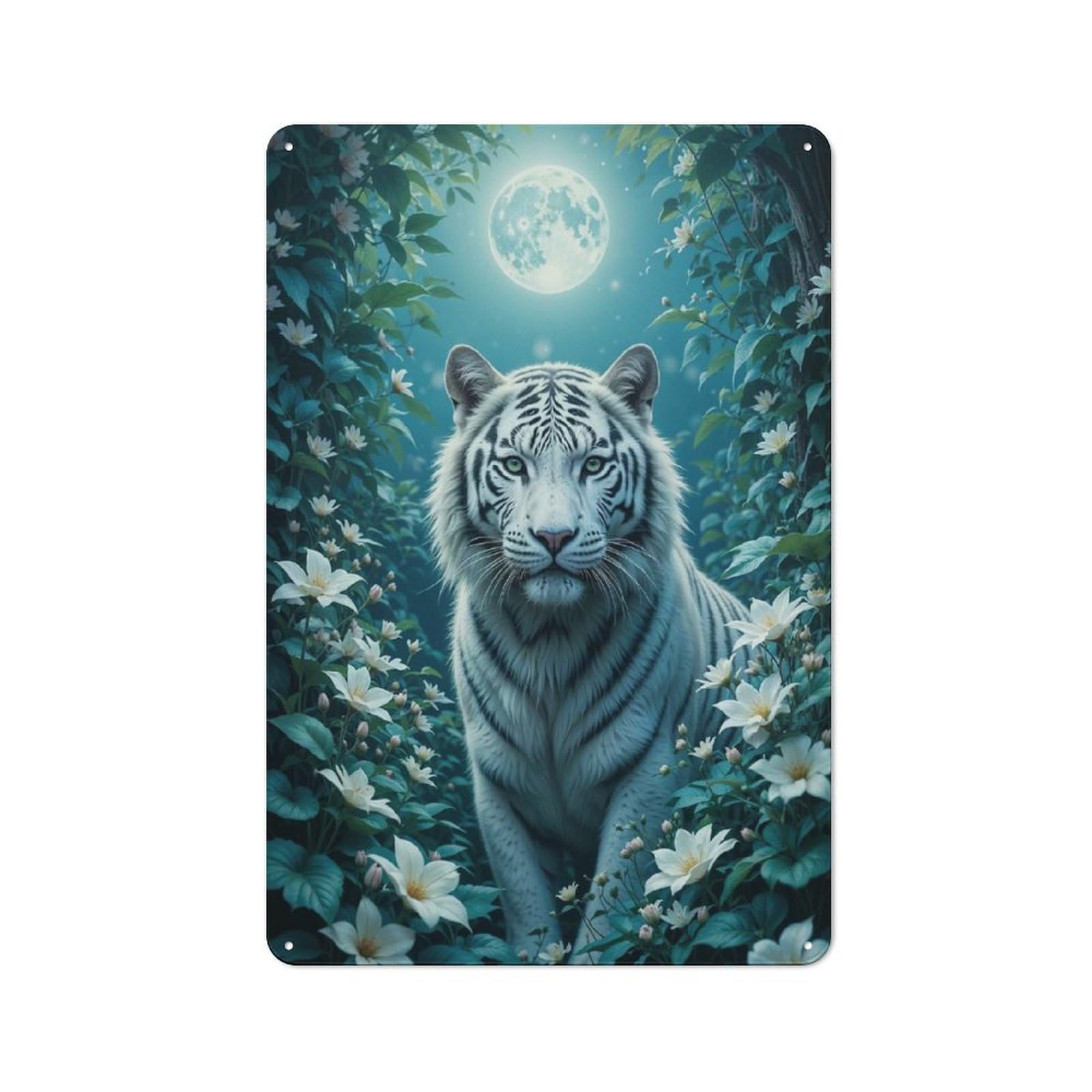 Junmoney Style-22 White Tiger In Moonlight Rustic Metal Sign 30X20cm For Hobby Room Or Studio, Suited To Hobby Room Decor Fans