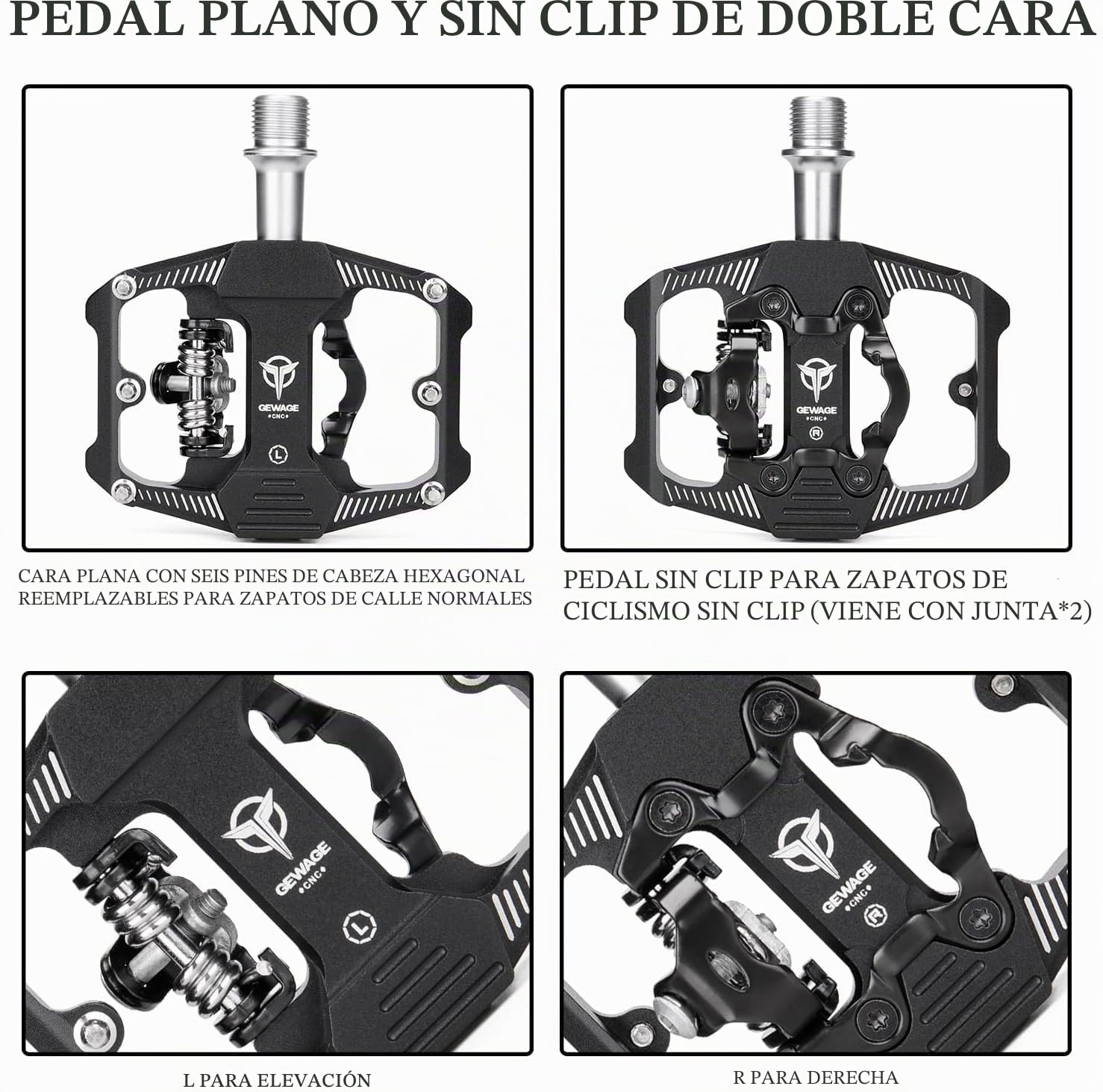 GEWAGE Pedales de Bicicleta SPD, Pedales de Bicicleta de montaña, Pedales de Dos Lados SPD, Plataforma Ancha Antideslizante con 3 rodamientos, Pedales Ligeros de Aluminio de 9/16 Pulgadas