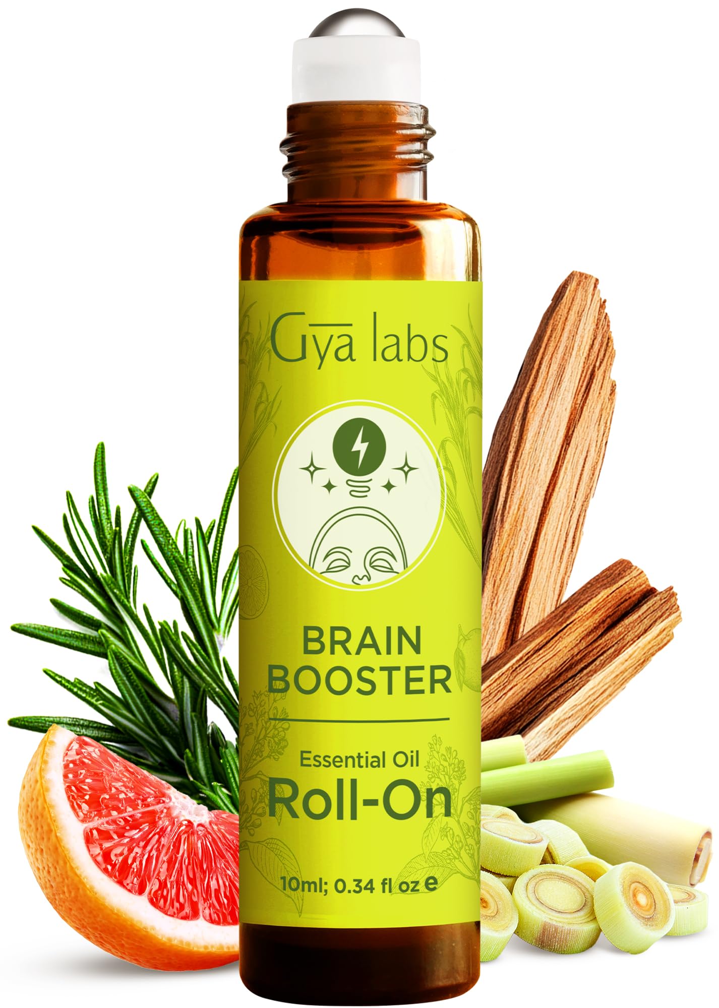 Brain Booster Essential Oil Roll on - Refreshing Brain Essential Oils Blend with Rosemary Oil, Sandalwood, Lemongrass & Grapefruit, 100% Pure and Natural, Travel Size (0.34 Fl Oz)