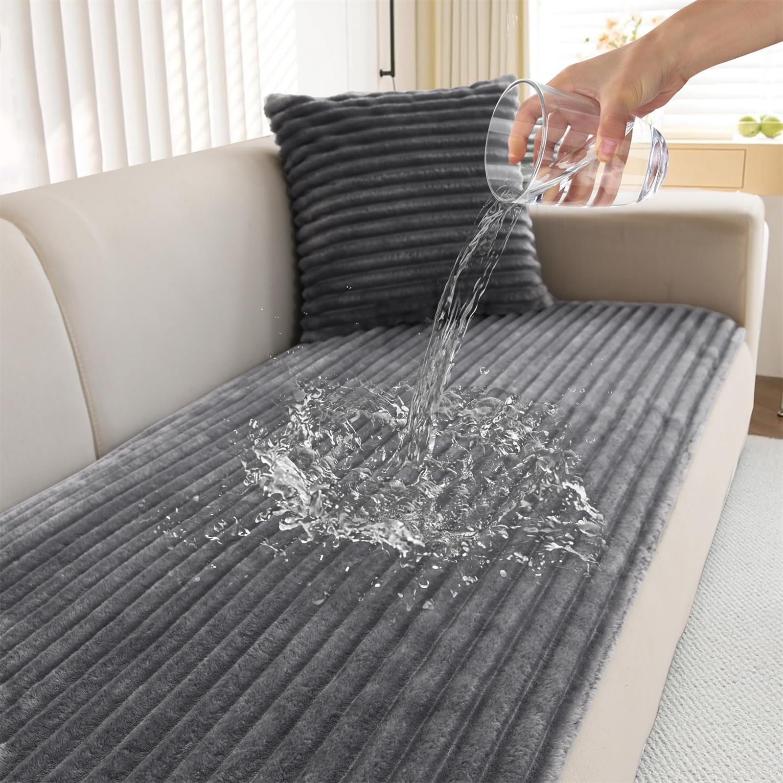LINGKY Waterproof Sofa Covers 2 3 4 Seater Non Slip Sofa Slipcovers Super Soft & Thick Faux Fur Sofa Cushion Covers Pet Couch Covers Sofa Protectors from Pets/Kids/Dogs (Light Grey, 90x180cm) — image 1