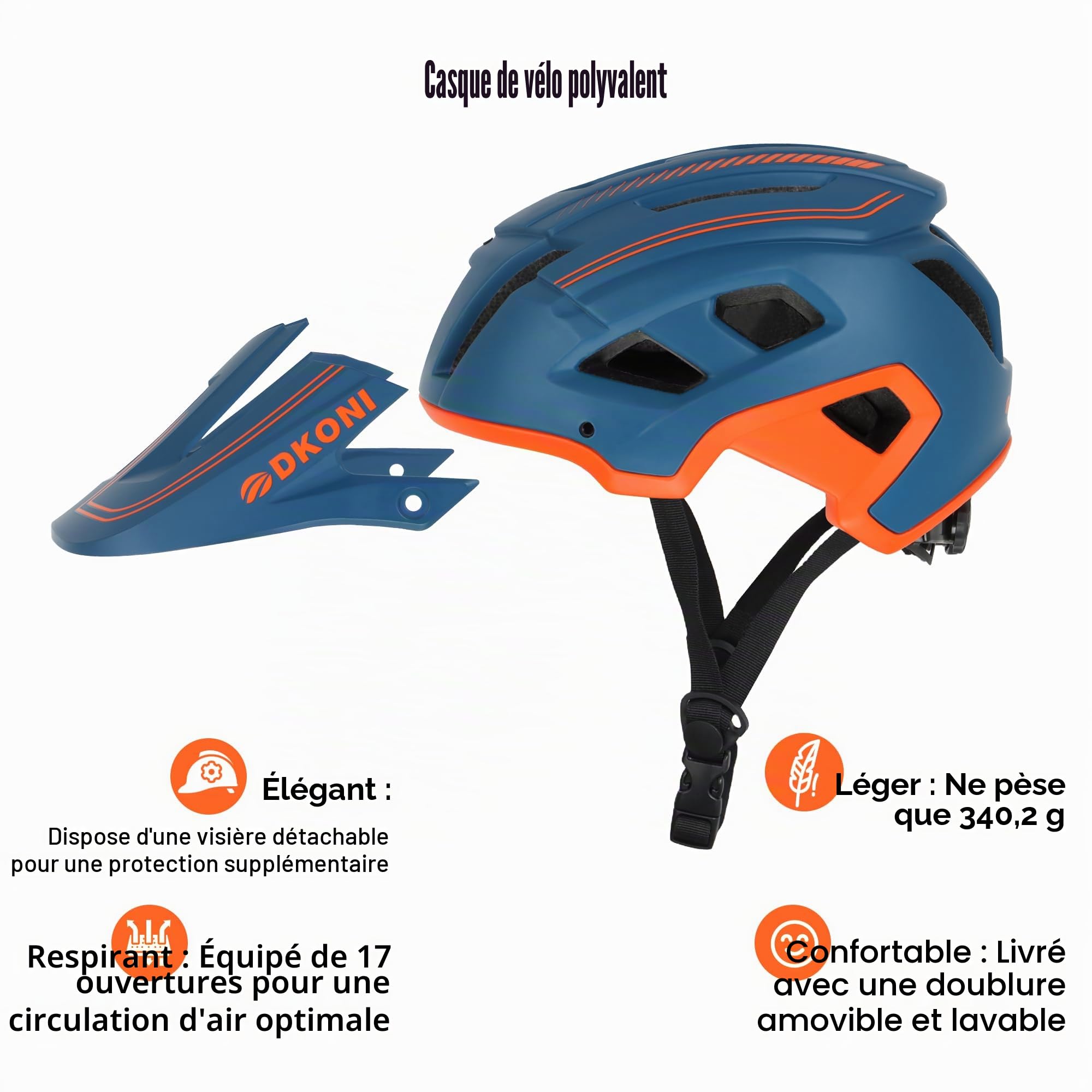 DKONI Casque VTT pour jeunes et adultes, unisexe, léger, ajustable, 54-61 cm, visière et doublures amovibles, 17 grandes aérations