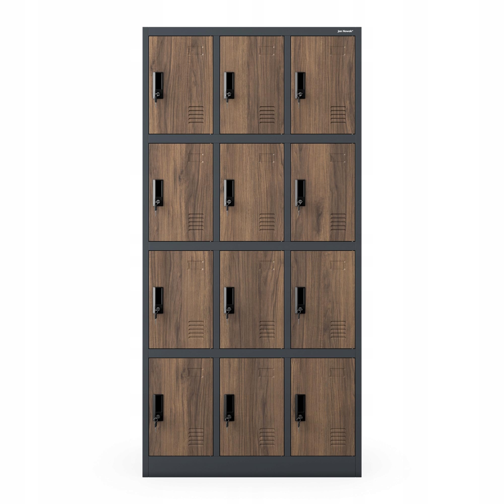 Jan Nowak Armario para Vestuario 3B4A Taquilla Metálico con 12 Compartimentos Ranuras de ventilación Recubrimiento de Polvo 185 cm x 90 cm x 40 cm Antracita-Madera