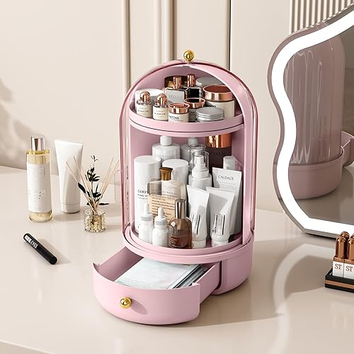 Miniatura 2 de Organizador de maquillaje para tocador, almacenamiento de maquillaje giratorio con cubierta y cajón, organizador grande de cosméticos para el