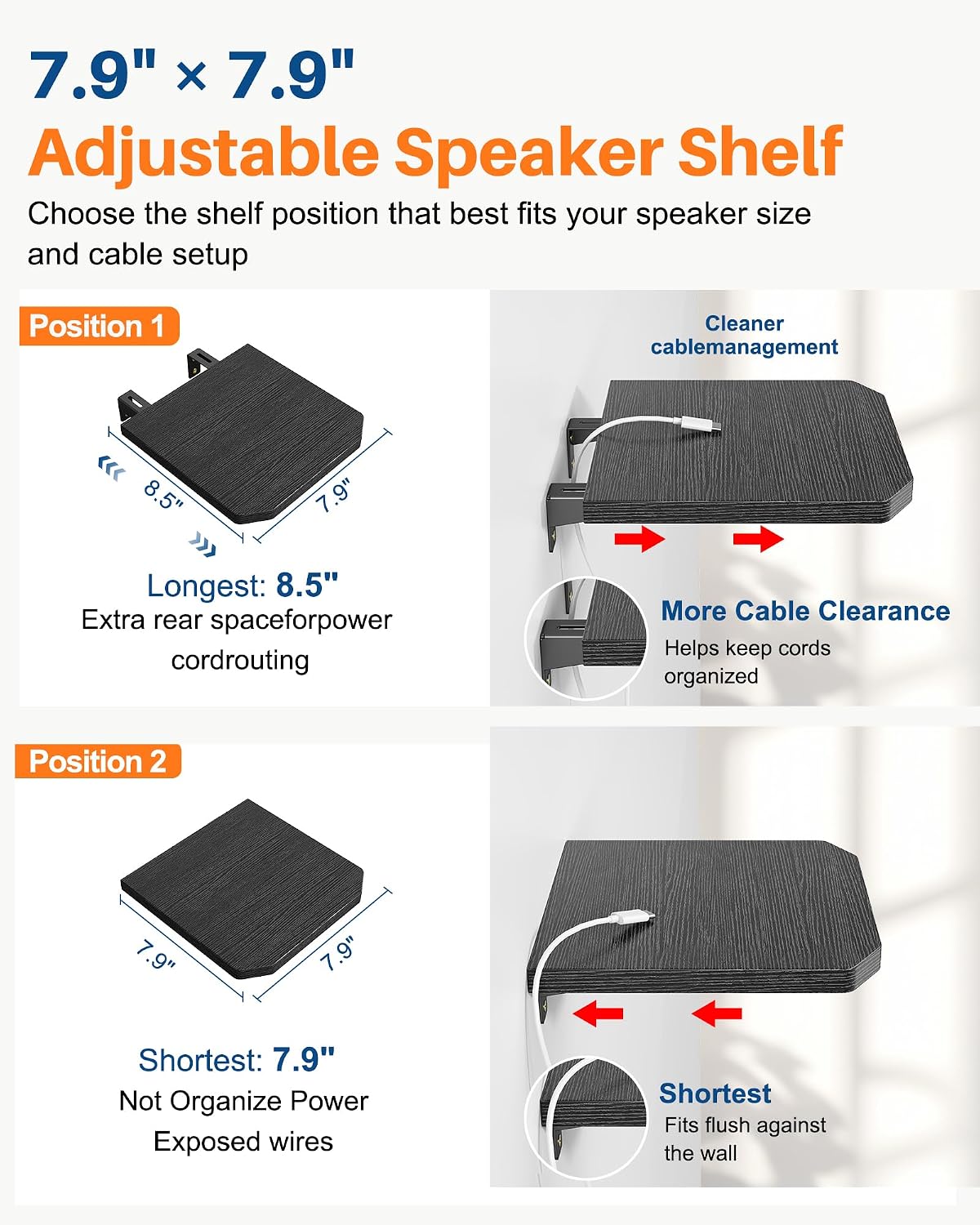 BYMECOST Speaker Wall Mount, Adjustable Rear Speaker Wall Mount Shelves | Set of 2 Heavy Duty Surround Sound Speaker Stand Up to 55 Lbs,Universal Bookshelf Speaker Floating Wall Shelves for Sony JBL