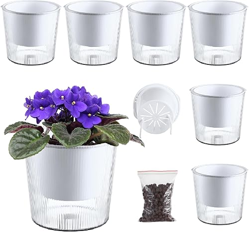 Paquete de 6 macetas y macetas transparentes de riego automático de 4.5 pulgadas para plantas de interior, macetas medianas de orquídeas, macetas de