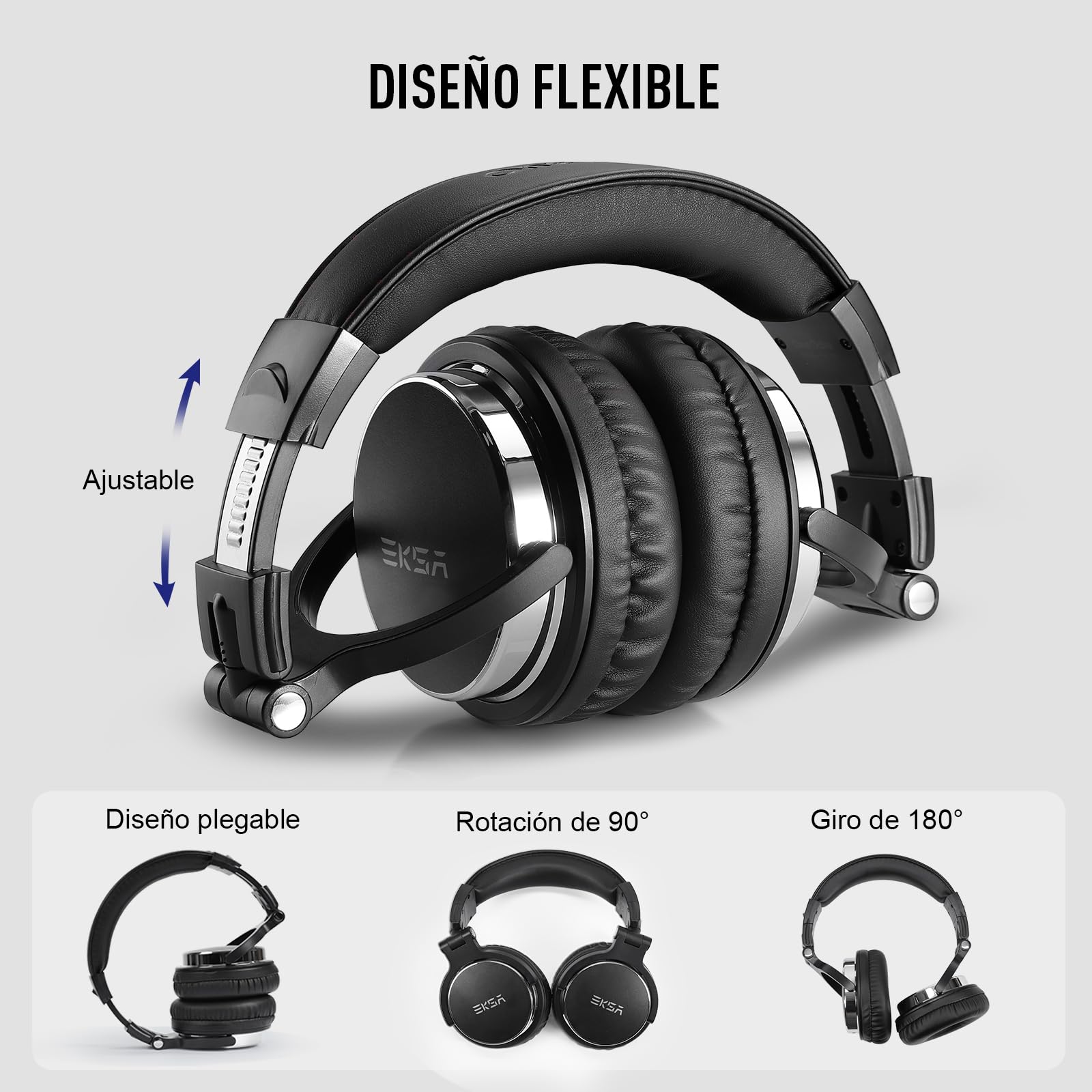 EKSA P100 Auriculares DJ con Cable, para PC AMP Grabación de Podcast Teléfono Piano Guitarra,Estéreo de Mezcla y Monitor de Estudio, 50mm Controladores, 3.5 y 6.35mm Conector de Audio Negro
