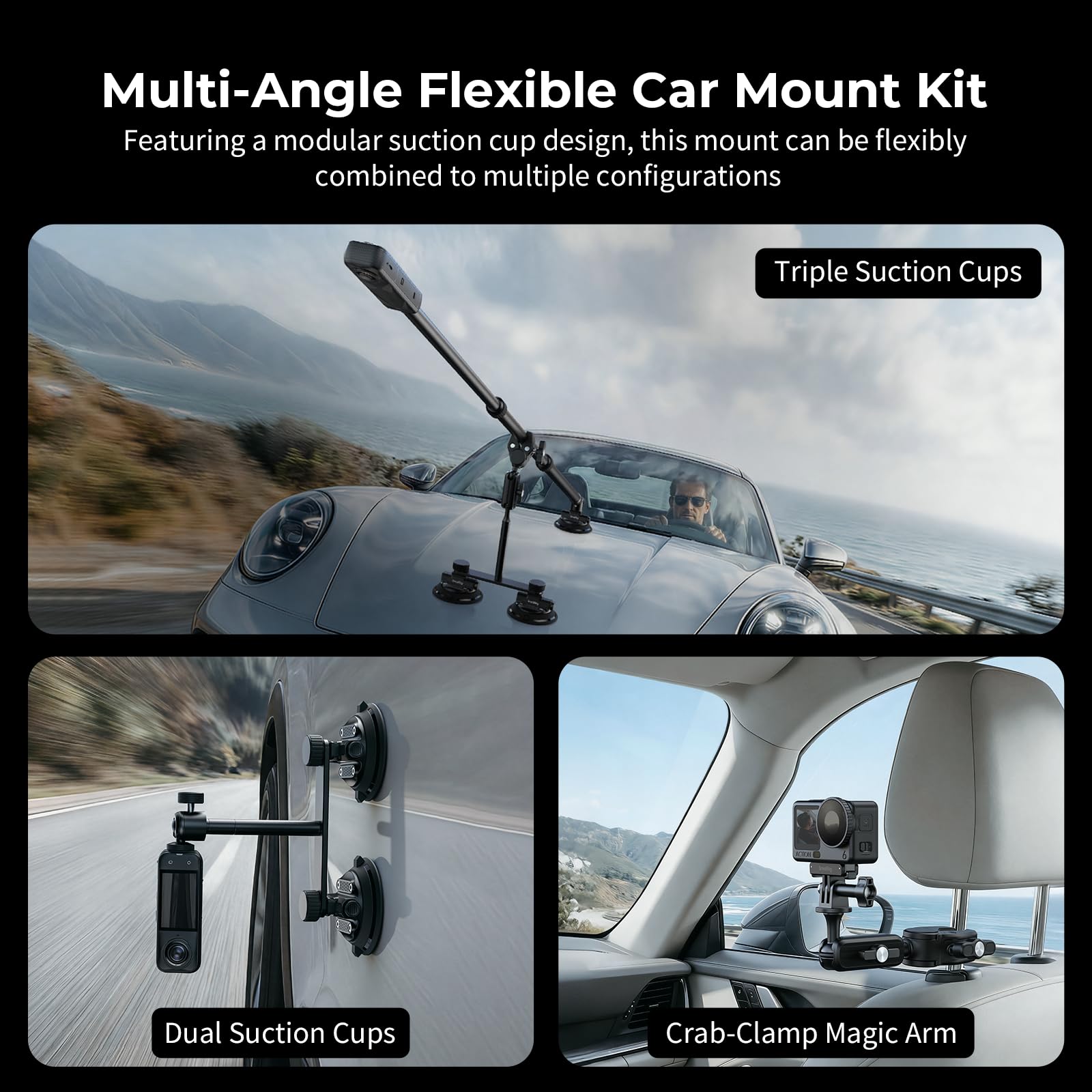 SMALLRIG Car Mount for Insta360 X5/X4/X3, for DJI OSMO 360 Camera, for GoPro, Triple Suction Cup Mount Kit with 120cm/47.2" Invisible Telescopic Selfie Stick, Ball Head, Magic Arm Clamp, Adapter -5843 - 3