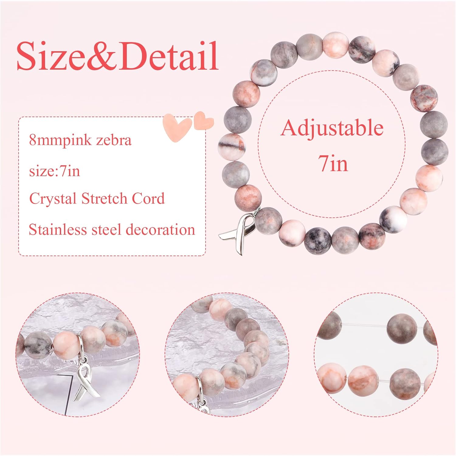 Breast Cancer Awareness Bracelets, Natural Stone Beaded Bracelets,Inspirational Bracelets Gifts for Women Girls Best Friend Sister - Image 2