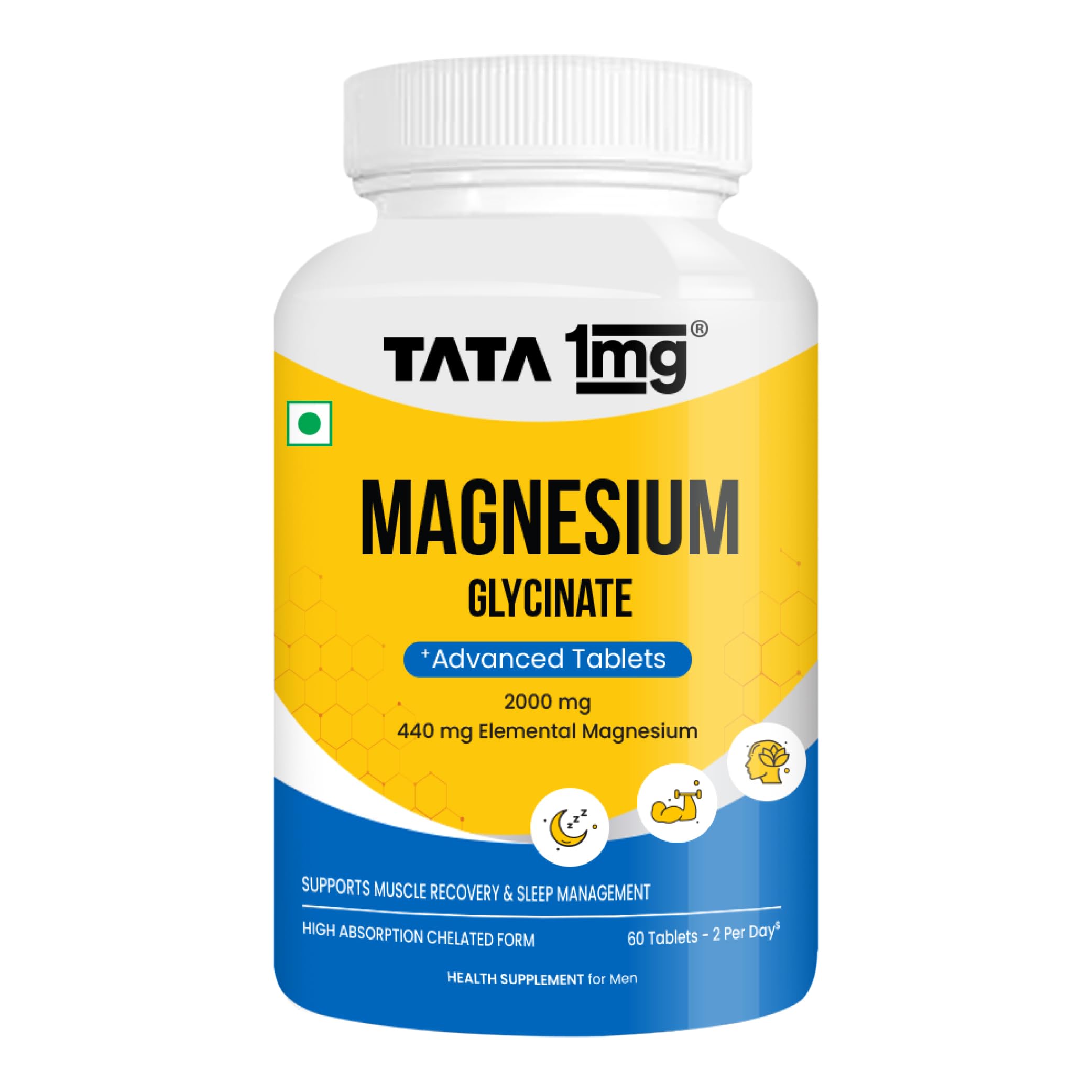 Tata 1mg Magnesium Glycinate Tablets |2000mg | High Absorption Chelated form for Muscle Recovery, Sleep & Nerve Health | 2000mg Per Serving – 60 Veg Tablets