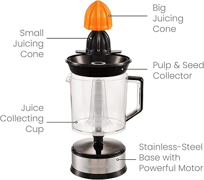 Elite Gourmet ETS740 Citrus Juicer, 2 Cones, 1.2L, Black/Stainless Steel | BPA-Free 40-Watt motor, compact large-volume pulp control - juices oranges, lemons, limes & grapefruits, easy-pour spout