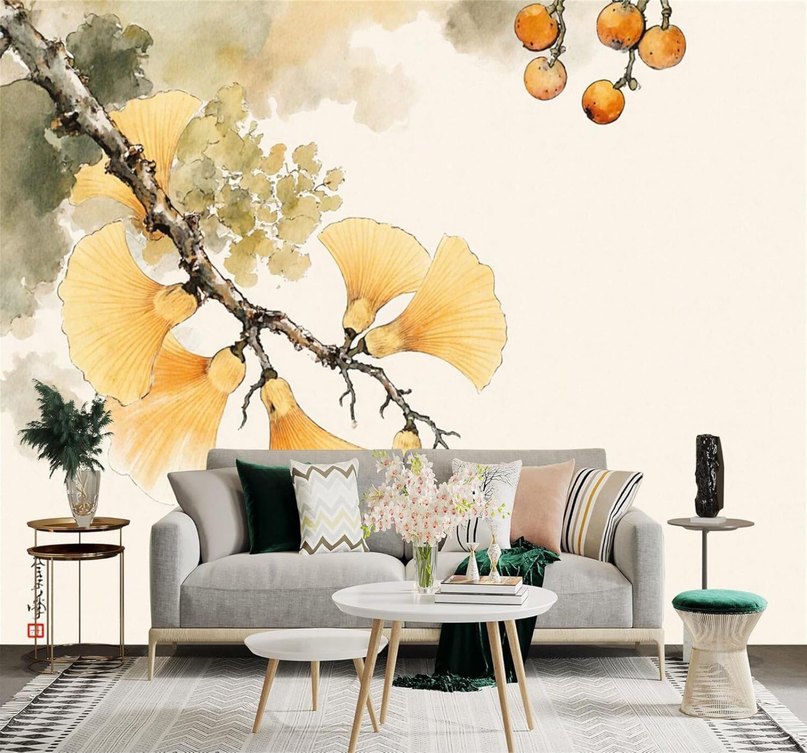 Hand Painted Watercolour Yellow Ginkgo Leaves Branches 3D Wallpaper Creative Modern Decoration Murals Home Decor Study Living Room Bedroom Sofa Background-430cm×300cm