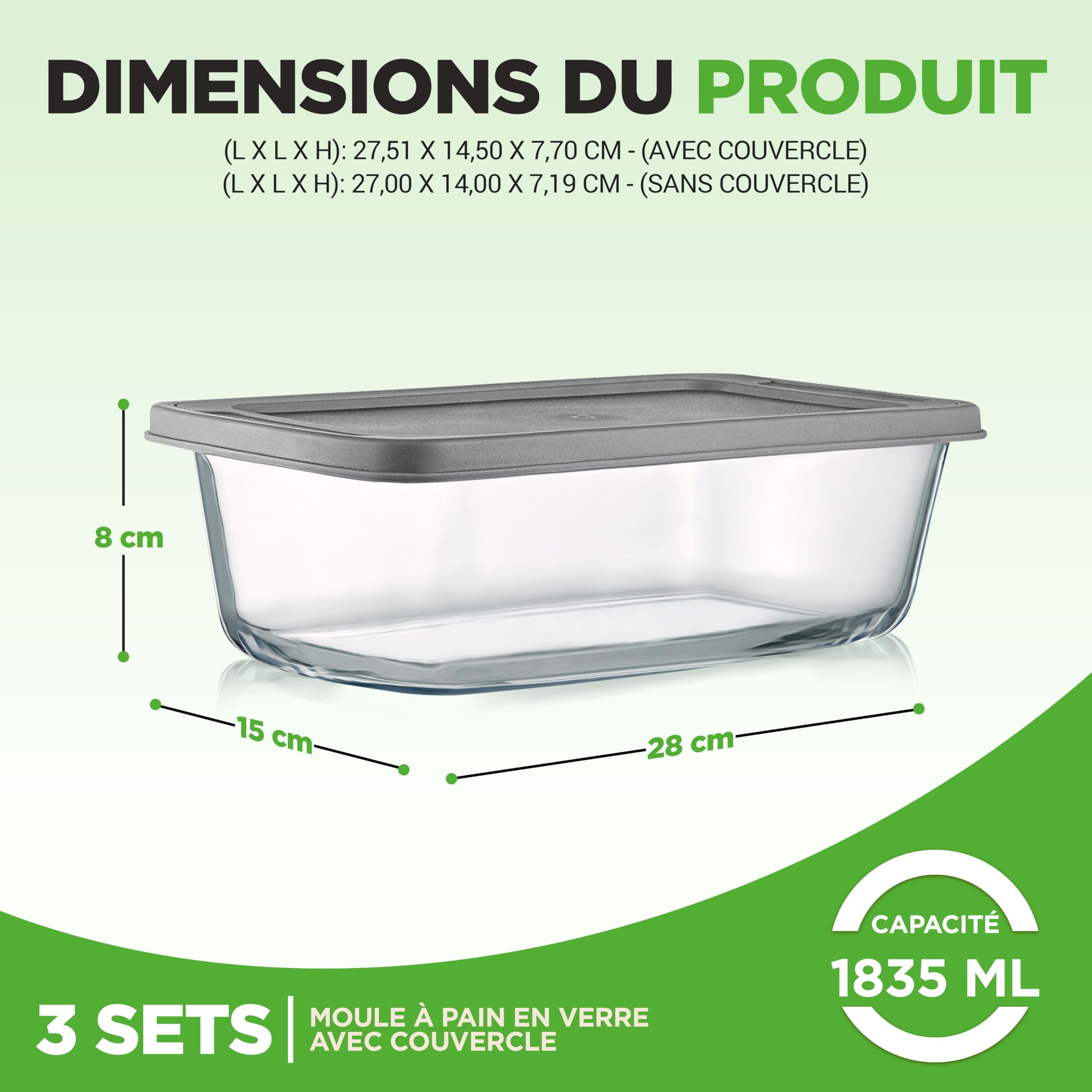 Nutrichef – Lot de 2 Moules à Cake/Moules à Pain en Verre avec Couvercles Hermétiques – Environ 1,8 L par Moule – Récipients en Verre Sans BPA, Empilables, Compatibles Four et Congélateur