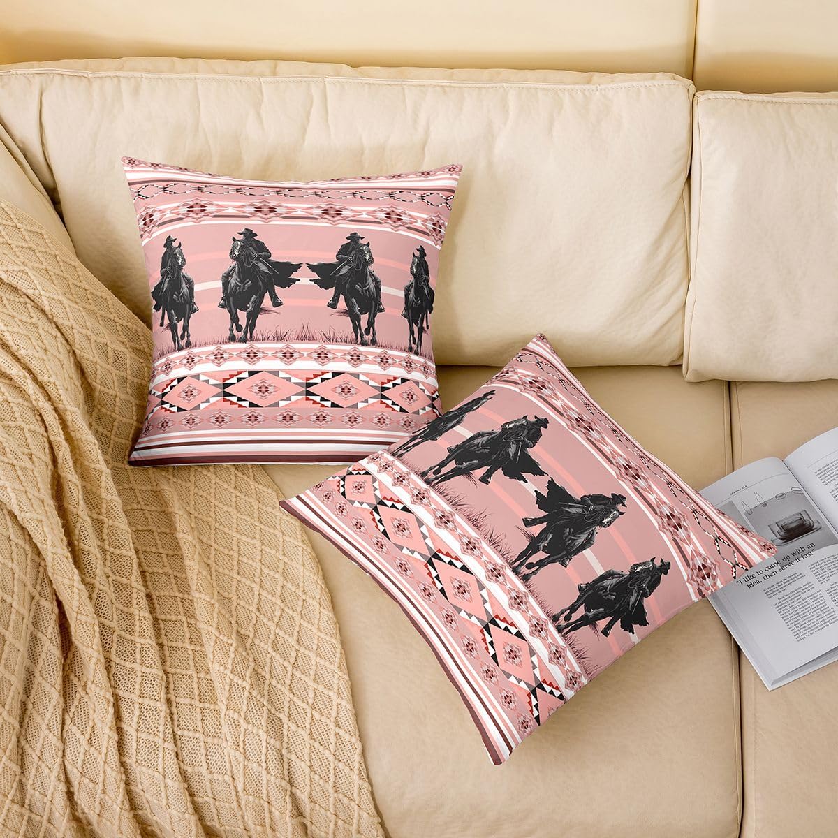 Feelyou Southwestern Pillow Cases Cushion Covers Western Throw Pillow Covers 24"x24" Set of 2 Soft Kids Decor Cowboy Print Decorative Throw Pillowcases Tribal Horse Pink Cushion Cases Bedroom