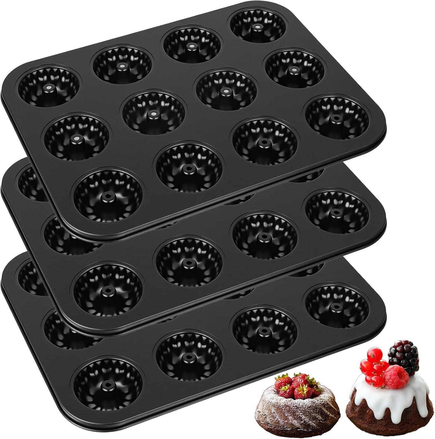 3 Pack Mini Fluted Tube Cake Pan, Non-Stick 12 Cavity Cake Baking Pan, Carbon Steel Mold For Cupcakes, Donuts, Brownies, 13.8 x 10.5 Inch