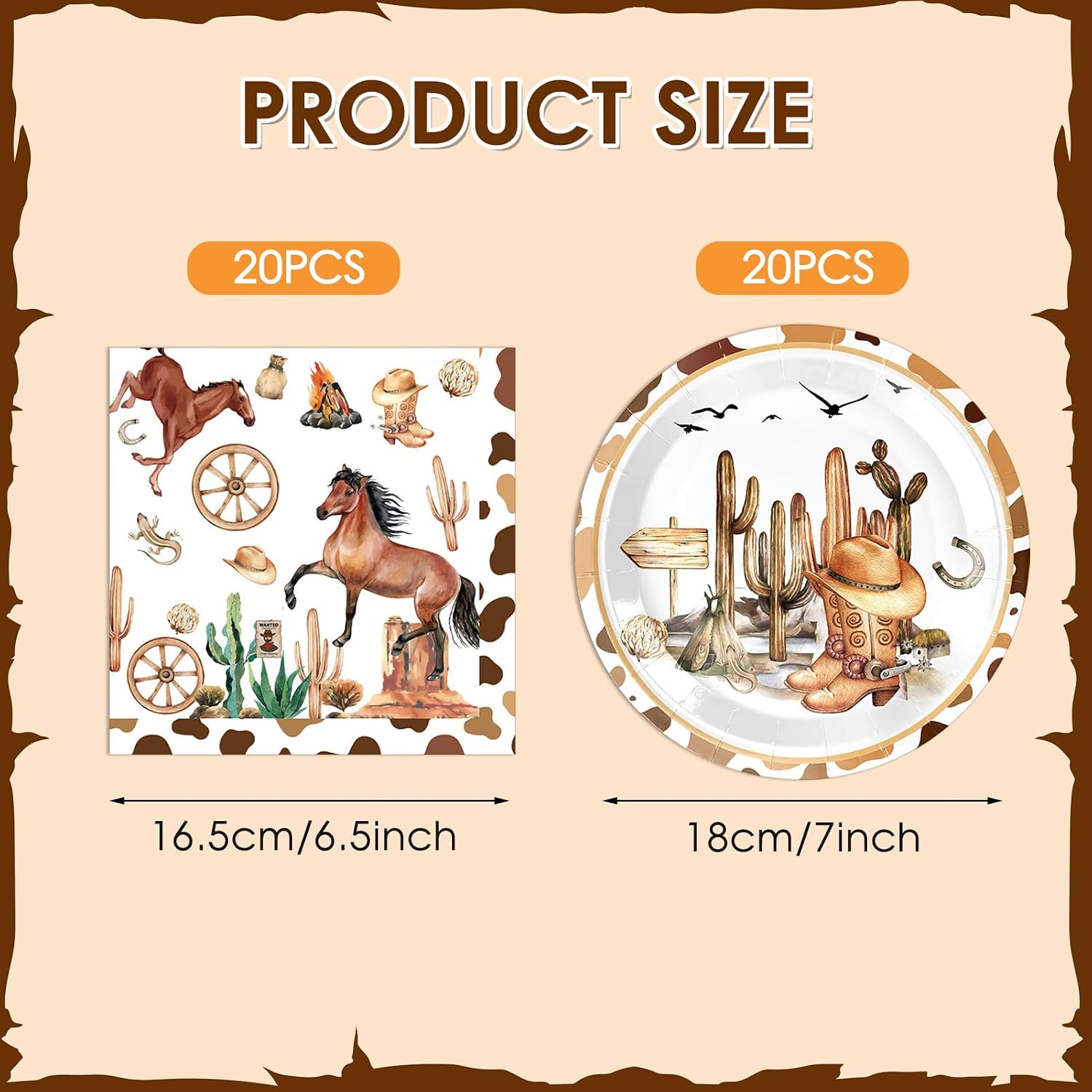 40PCS Western Birthday Decorations Cowboy Party Disposable Tableware Supplies Plates Napkins Rodeo Decoration for Baby Shower Fire Camping Wild West Party image 2