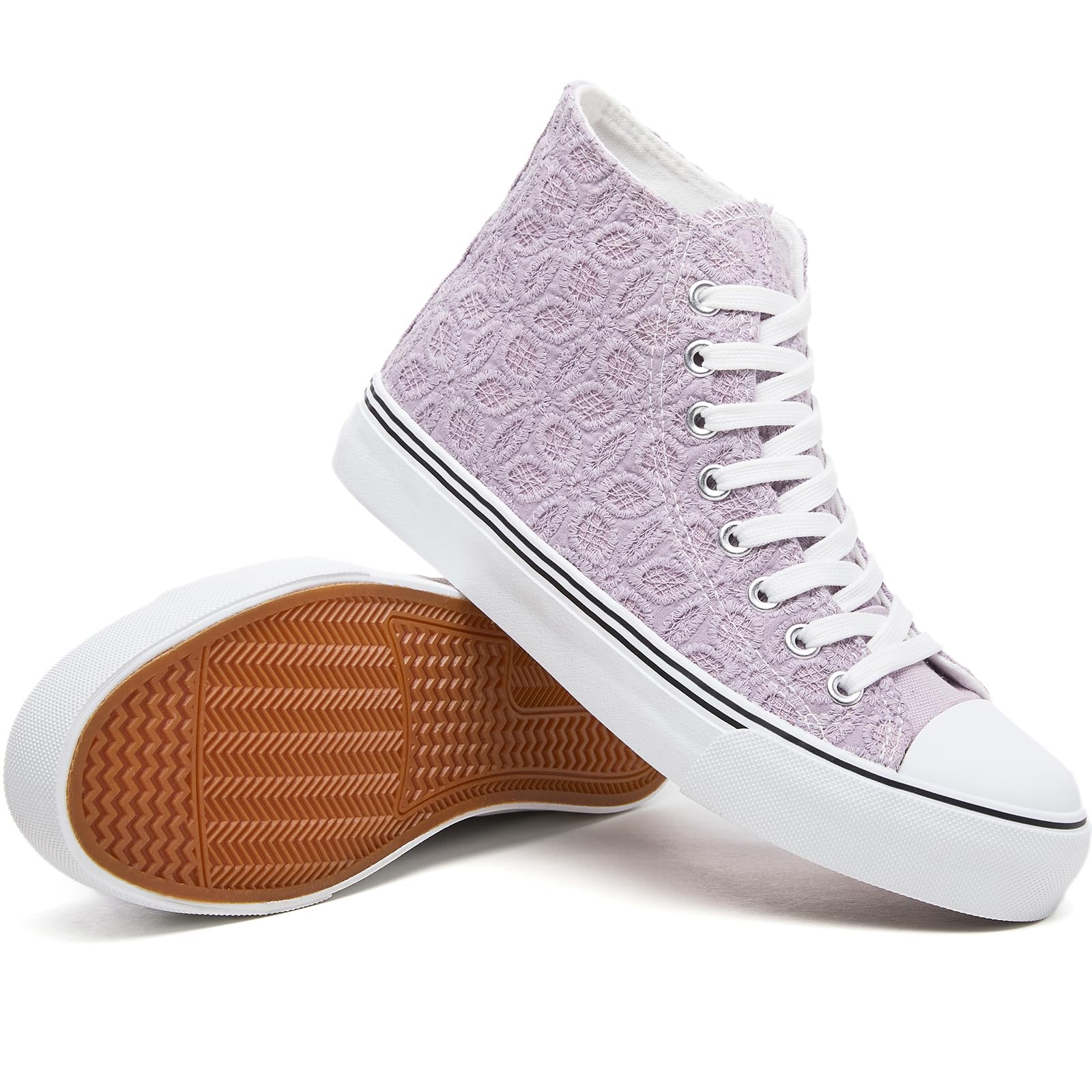 Rominz Women's High Top Canvas Sneakers Fashion Floral Embroidery White & Black Casual Non-Slip Shoes for Women Lightweight Breathable