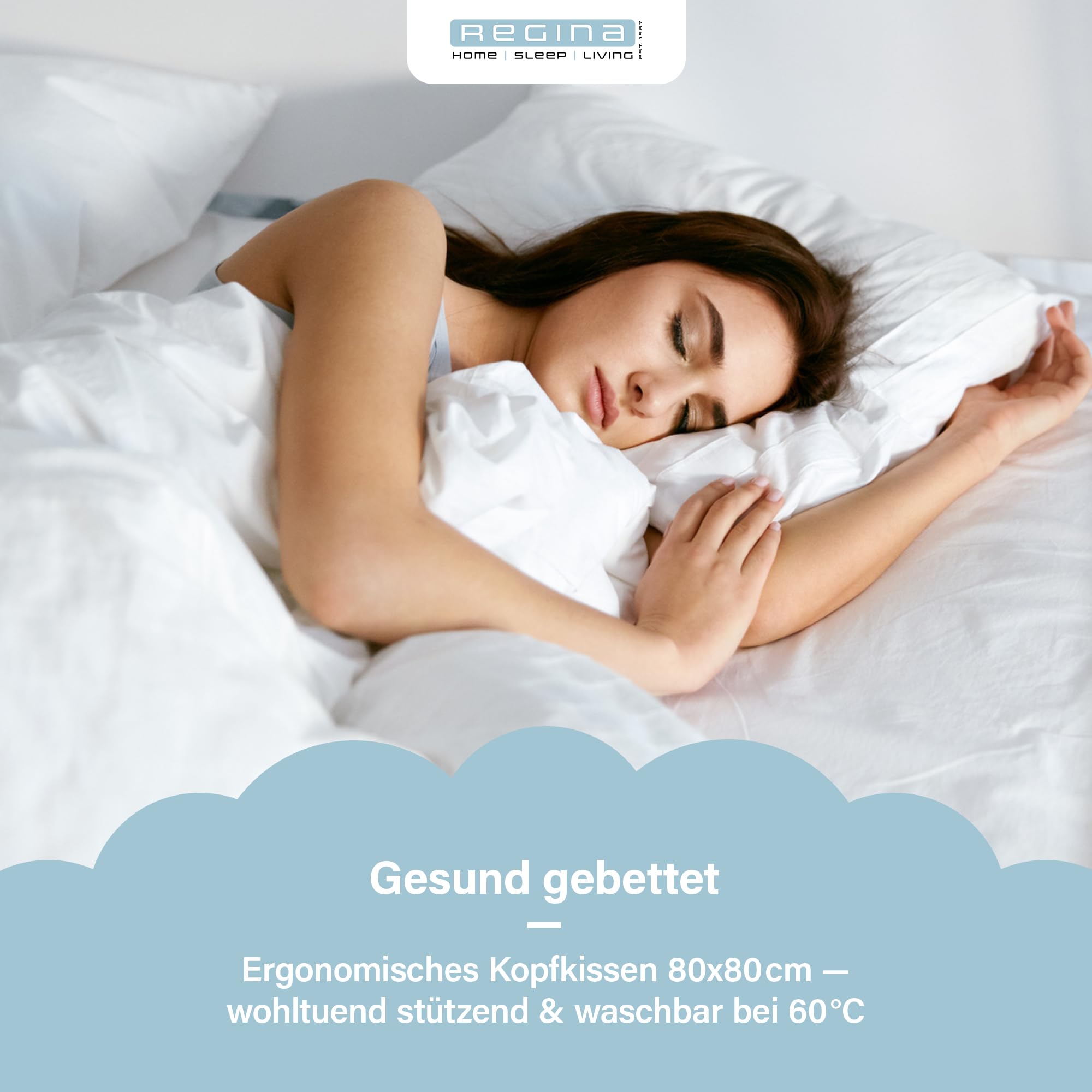 Regina Home Kopfkissen 80x80 cm - Medium | Ergonomisches Nackenkissen mit 70% Federn & 30% Daunen - Waschbar & Allergiker Geeignet - 100% Baumwolle