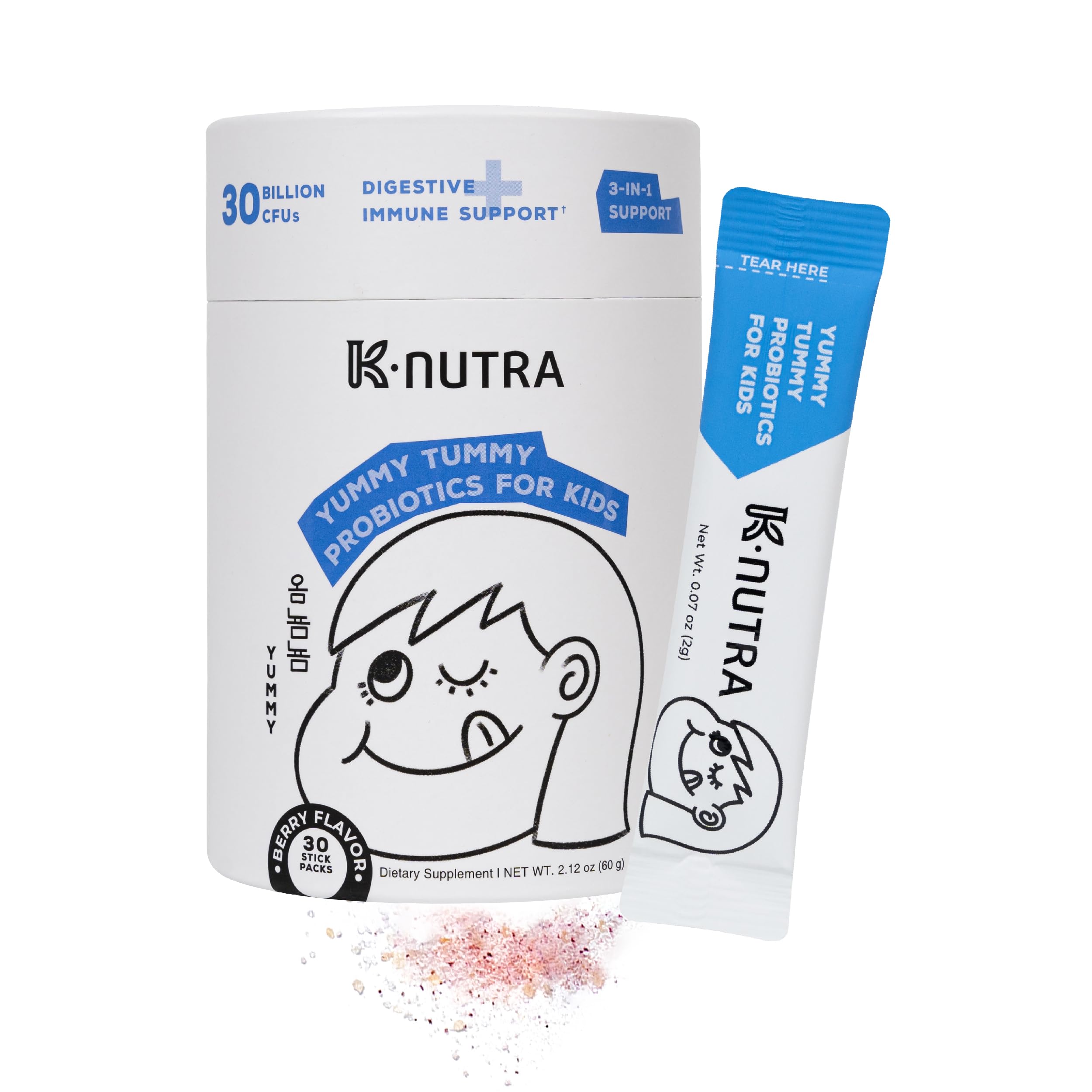 K-Nutra Yummy Tummy Probiotics for Kids | 2.12oz (30 Sticks) | 3-in-1 Prebiotic & Probiotic Powder | 30 Billion CFUs | Supports Digestive & Supports