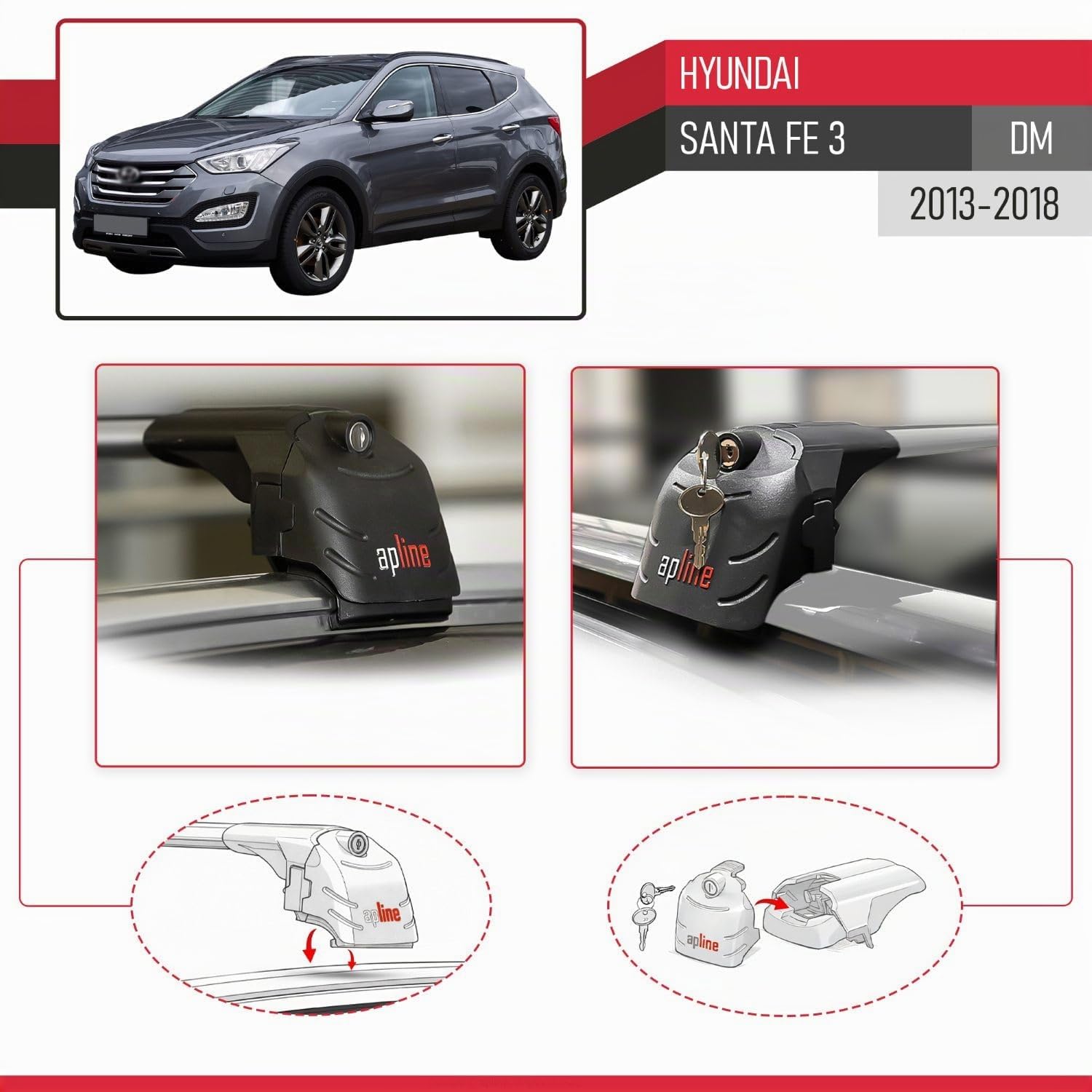 Compatible con Hyundai Santa Fe 3 (DM) 2013-2018 Modelo Ace-2 Barra de Techo Auto Portaequipajes Barras Transversales Gris Aluminio 2 Barras
