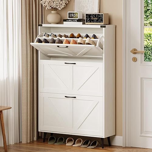 Miniatura 26 de Zapatero con 2 cajones abatibles y almacenamiento abierto, armario de almacenamiento de zapatos de granja para entrada, estante organizador estrecho