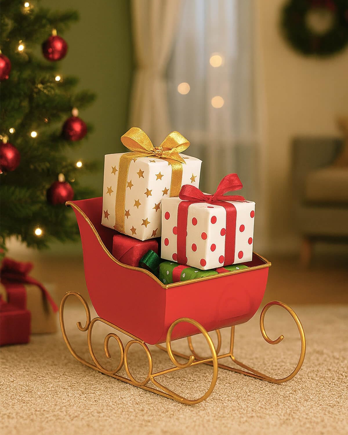 vensovo Christmas Galvanized Metal Red Sleigh Planter Decor - Rustic Farmhouse Xmas Tin Sleigh Centerpieces Ornaments for Gift Home Table Decoration