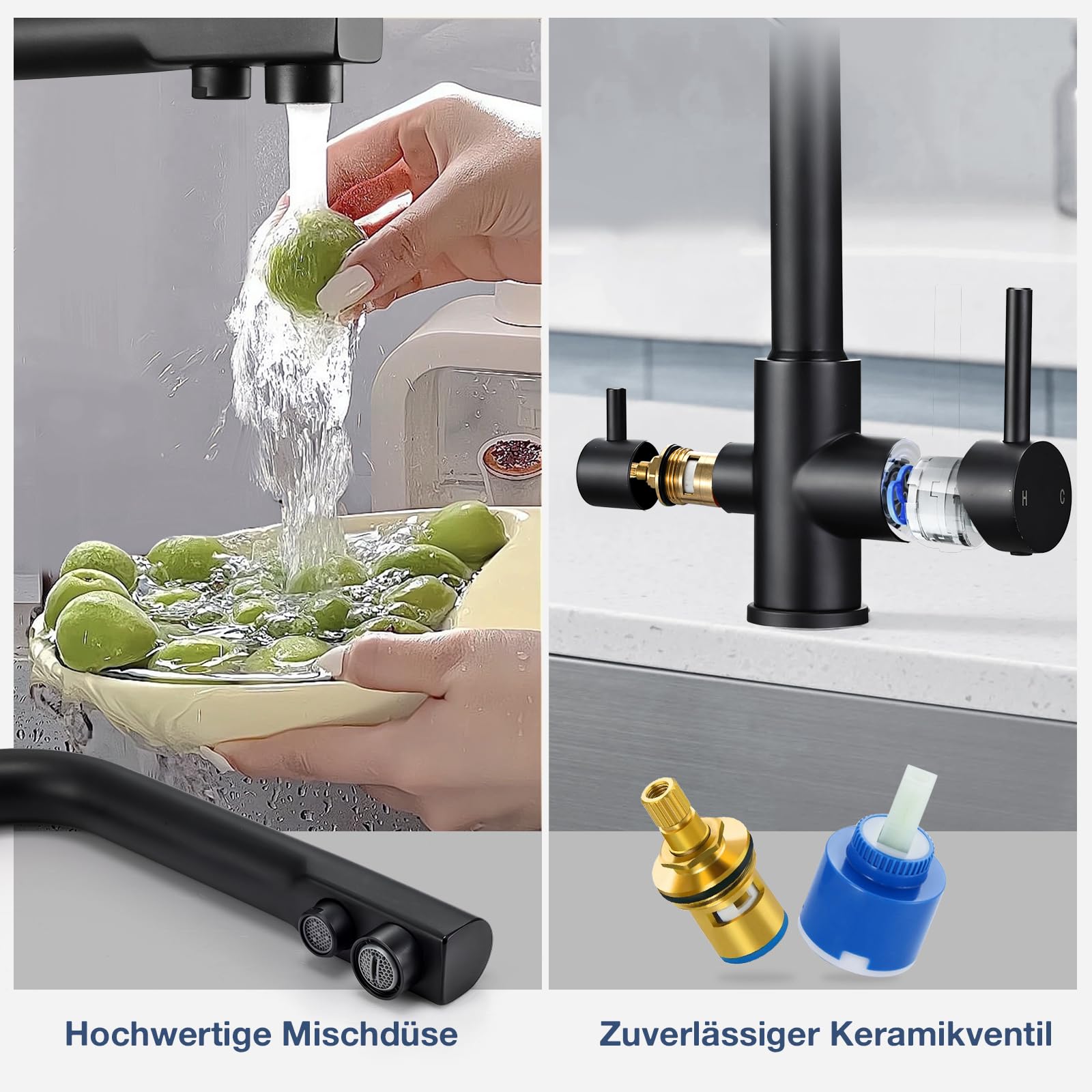 Rubinetto da cucina a 3 vie, girevole a 360°, 3 in 1, per filtro dell'acqua, rubinetto da cucina con 2 leve, rubinetto a tre vie, rubinetto per lavello in acciaio inox, nero opaco