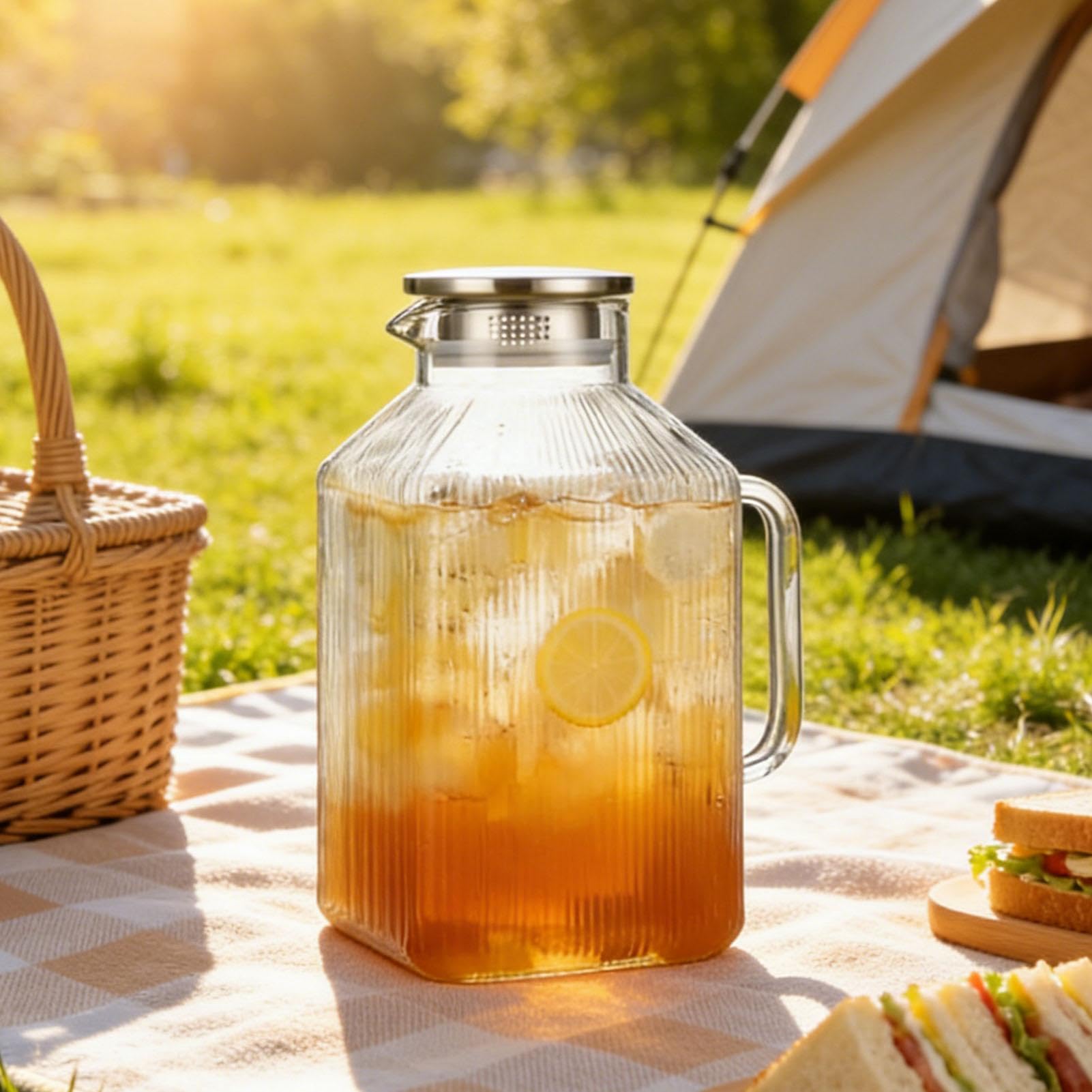 Wasserkrug mit einem Deckel 3,8 Liter groß und auslaufsicher | Behälter aus Glas für Saft, als Kanne mit Griff Geeignet für heißes und kaltes Wasser, Kühlschrank, Küchen-Arbeitsplatte