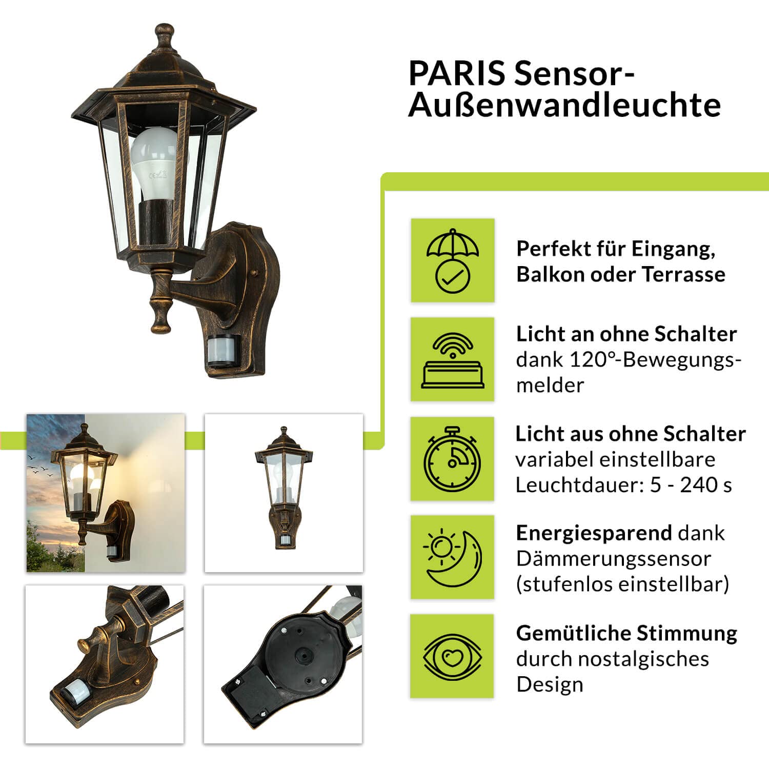 Licht-Erlebnisse Wandaußenleuchte mit Bewegungsmelder Aluminium Glas in Kupfer Antik IP44 Garten T:23 cm E27 Sensor Rustikale Wandlampe Outdoor PARIS