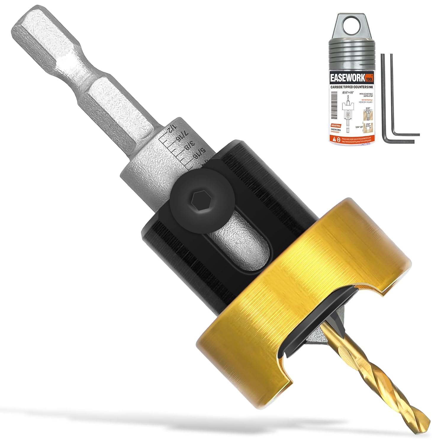 EASEWORK TOOL Carbide Tipped Countersink Drill Bit, 3/8" Countersink Dia x 1/8" Drill Dia x 1/4" Shank, Adjustable Depth Stop with Ball Bearing for Flawless Finish on Wood, Plastic, Aluminum