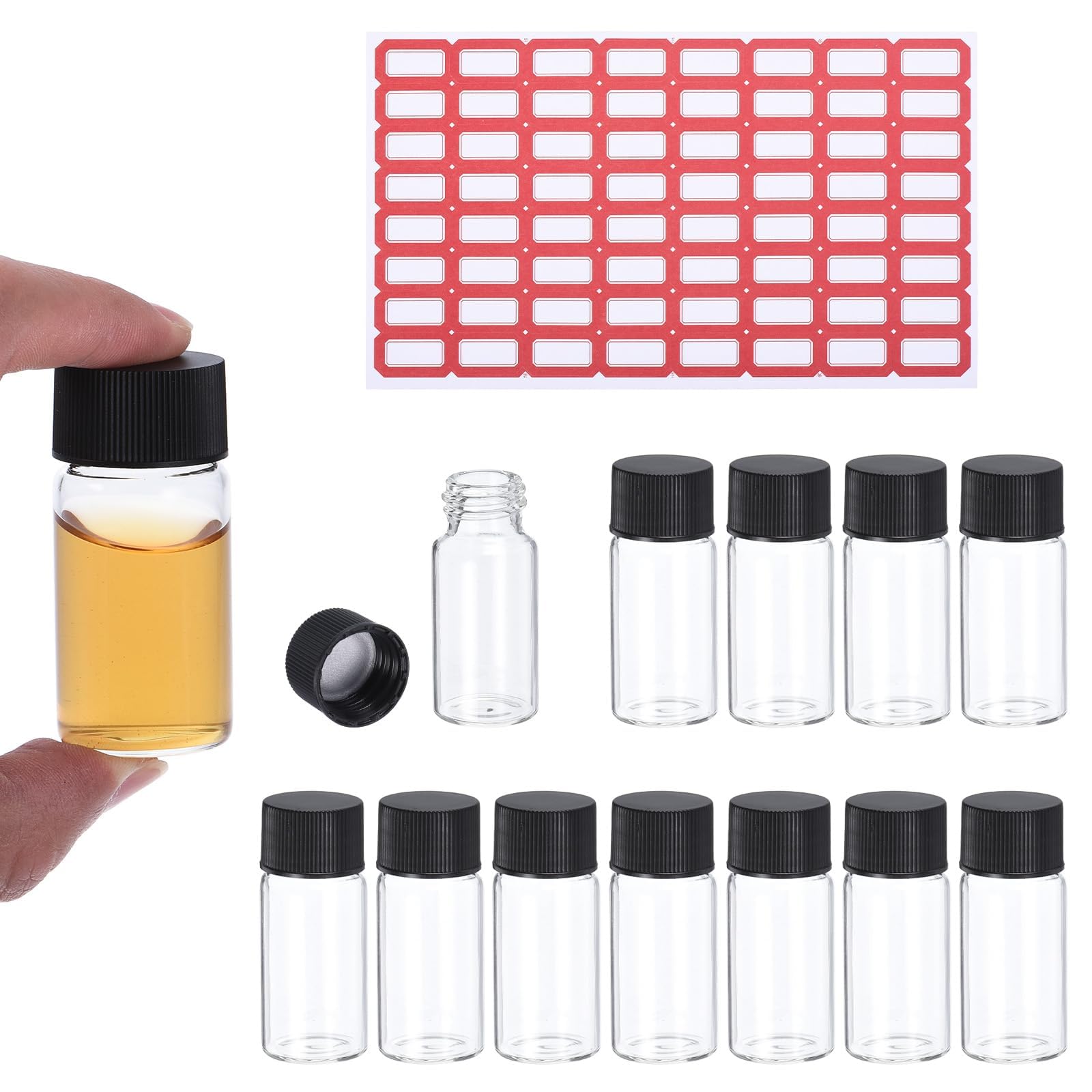 PATIKIL 10 ml fiolek z przezroczystego szkła, 12 fiolek na próbki z zakrętką, butelka z odczynnikiem, z etykietami, szczelna szklana fiolka na próbki, do laboratorium laboratoryjnego