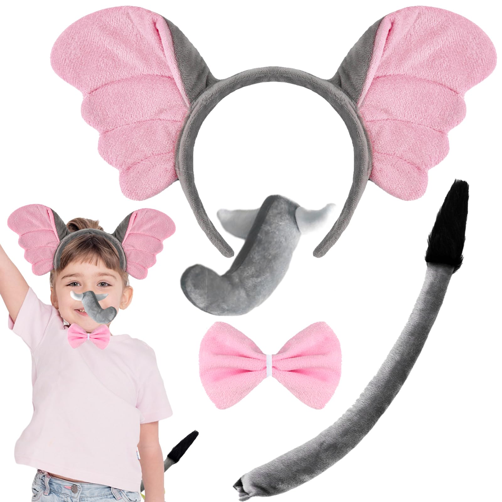 KMLGY4Pcs Elephant Ears and Tail Costume Set Elephant Ears Headband Nose Bowtie Tails Fancy Dress Accessories for Kids Adults World Book Day Cosplay Birthday Party Dress Up