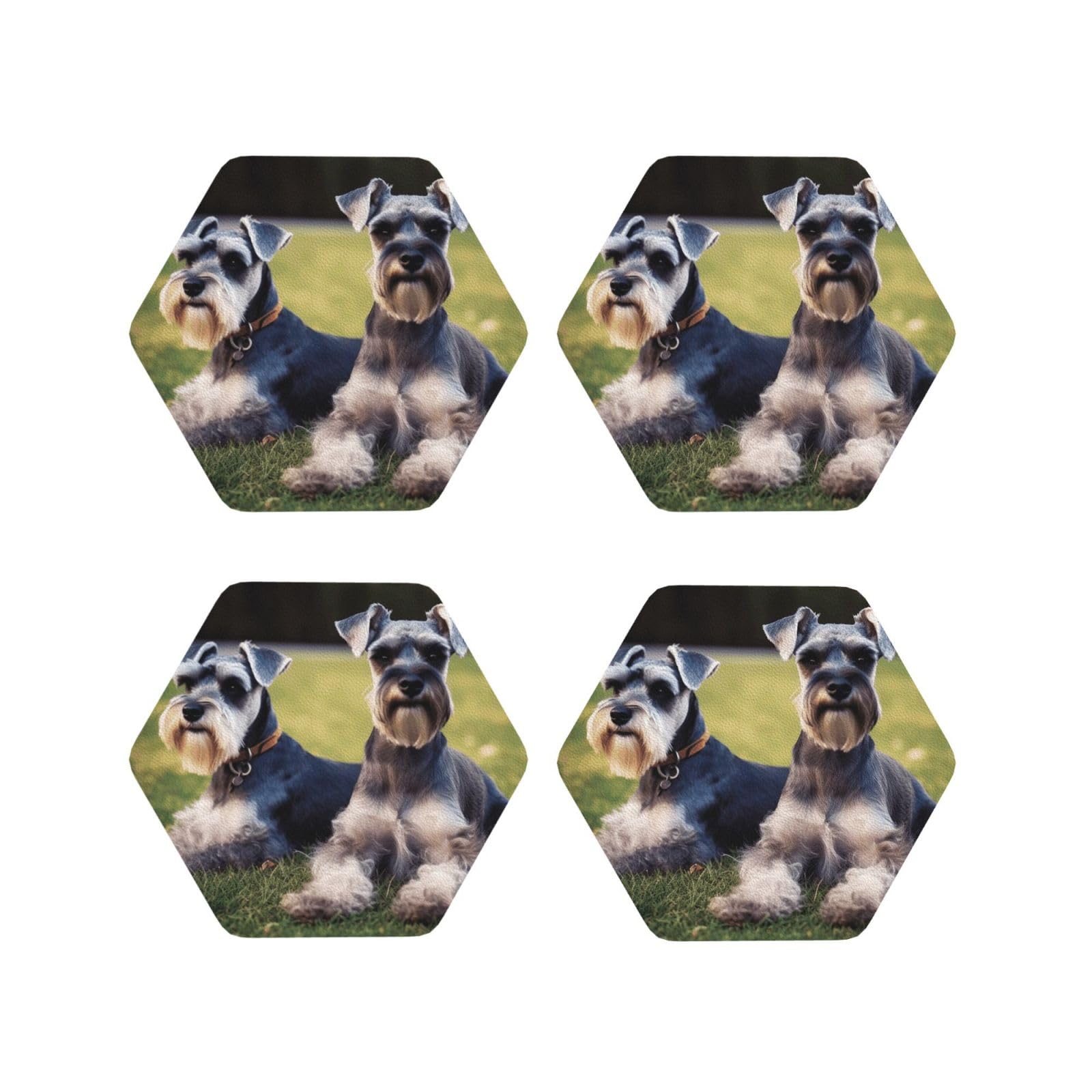 4Pcs PU Leather Coaster for Drinks, Adult Schnauzer Dogs Cup Coastersr 4" Cup Mat Pad, Aesthetic Drink Coasters for Coffee Table, Hexagon Coaster for Tabletop Protection