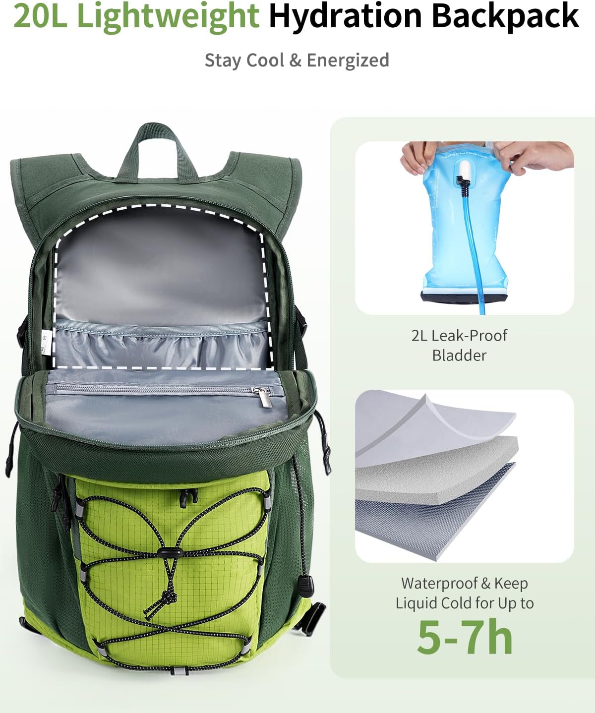 ECOHUB Hydration Backpack for Men Women, 20L Lightweight Hiking Daypack Cycling Backpack with 2L Water Bladder, Insulated Hydration Pack with Waist Pack