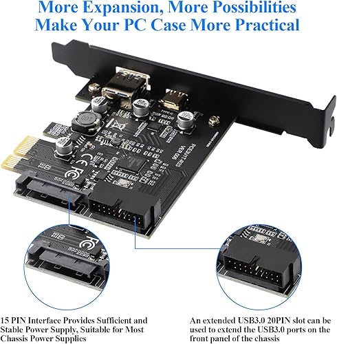 Miniatura 12 de Tarjeta PCI-E a USB 3.2 Gen 1 Tarjeta de expansión de puertos USB A duales de 5 Gbps con cabezal de panel frontal de 20 pines, tarjeta PCI Express