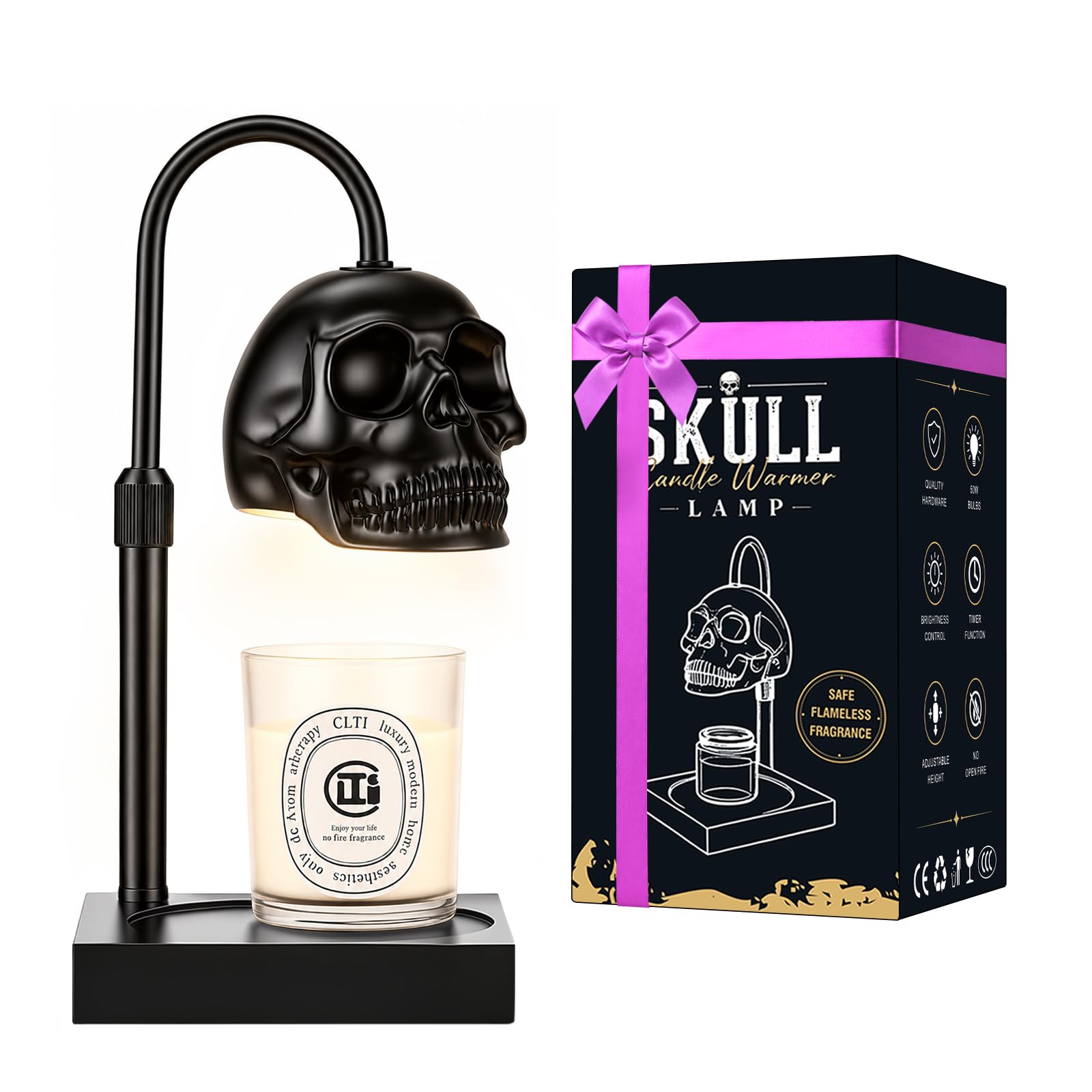Skull Candle Warmer Lamp with Timer & Dimmer, Gothic Skull Wax Warmer Lamp for Jar Candles, Adjustable Height Skeleton Candle Light Warmer with 2 Bulbs, Spooky Goth Home Decor Gifts (Black, 1pack)