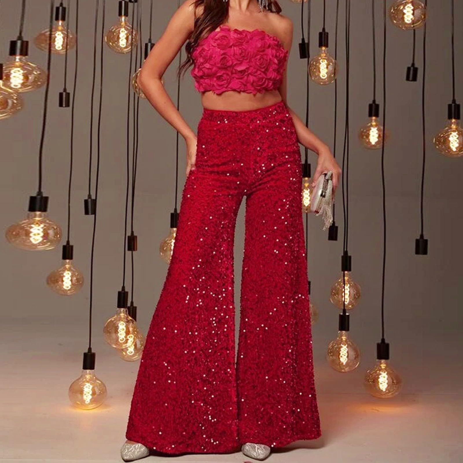 Glitzer Hose Damen Pailletten Lange Lose Hosen High Waist Freizeithose Party Festival Club Kostüm Bling Sparkly Freizeithose Pailletten Weitbeinhosen Elegant Solide Pailettenhose