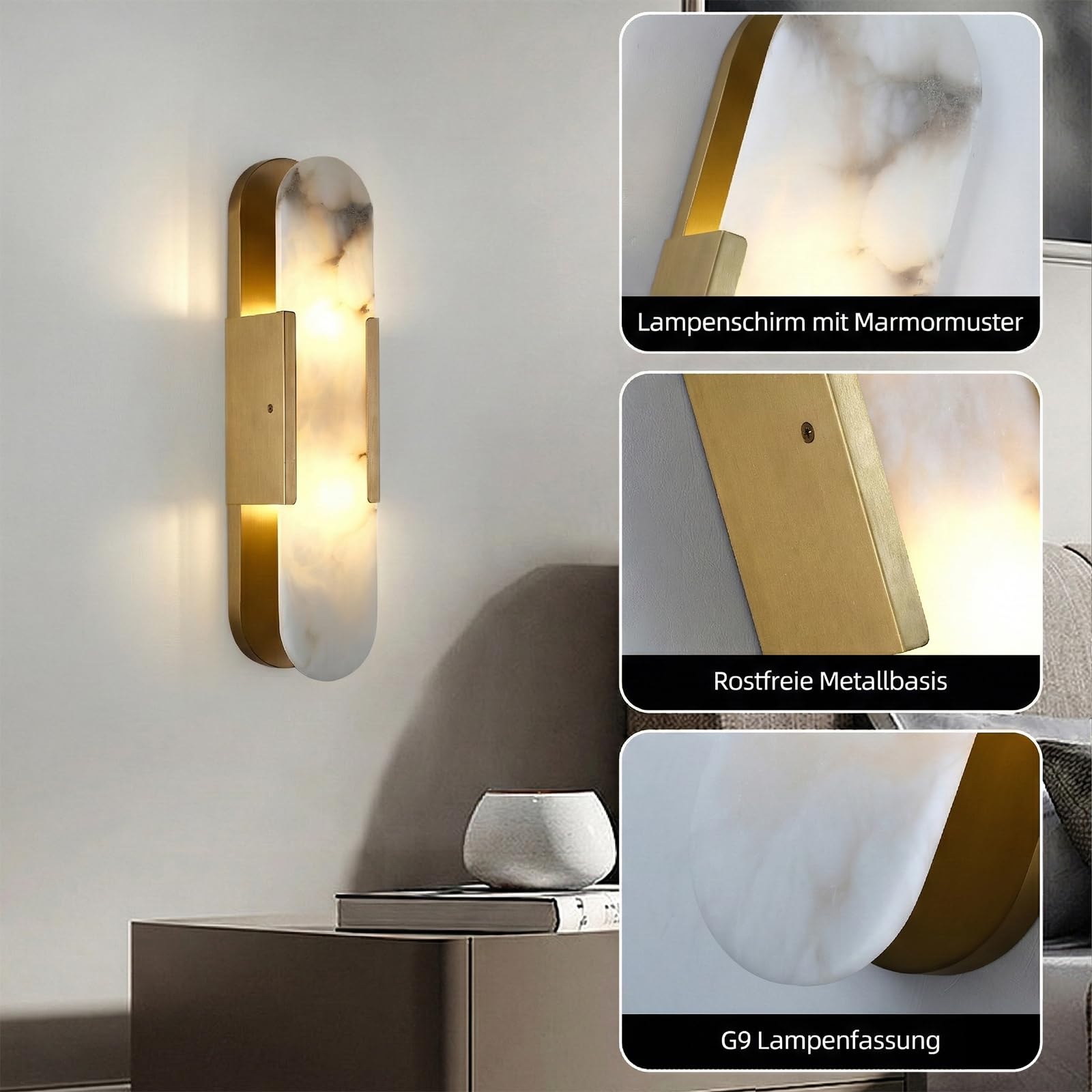Marmor Wandleuchte Innen Gold Wandlampe 50CM,Spiegelleuchte Bad Messing Moderne Dekorationen Beleuchtung für Schlafzimmer, Wohnzimmer, Flur