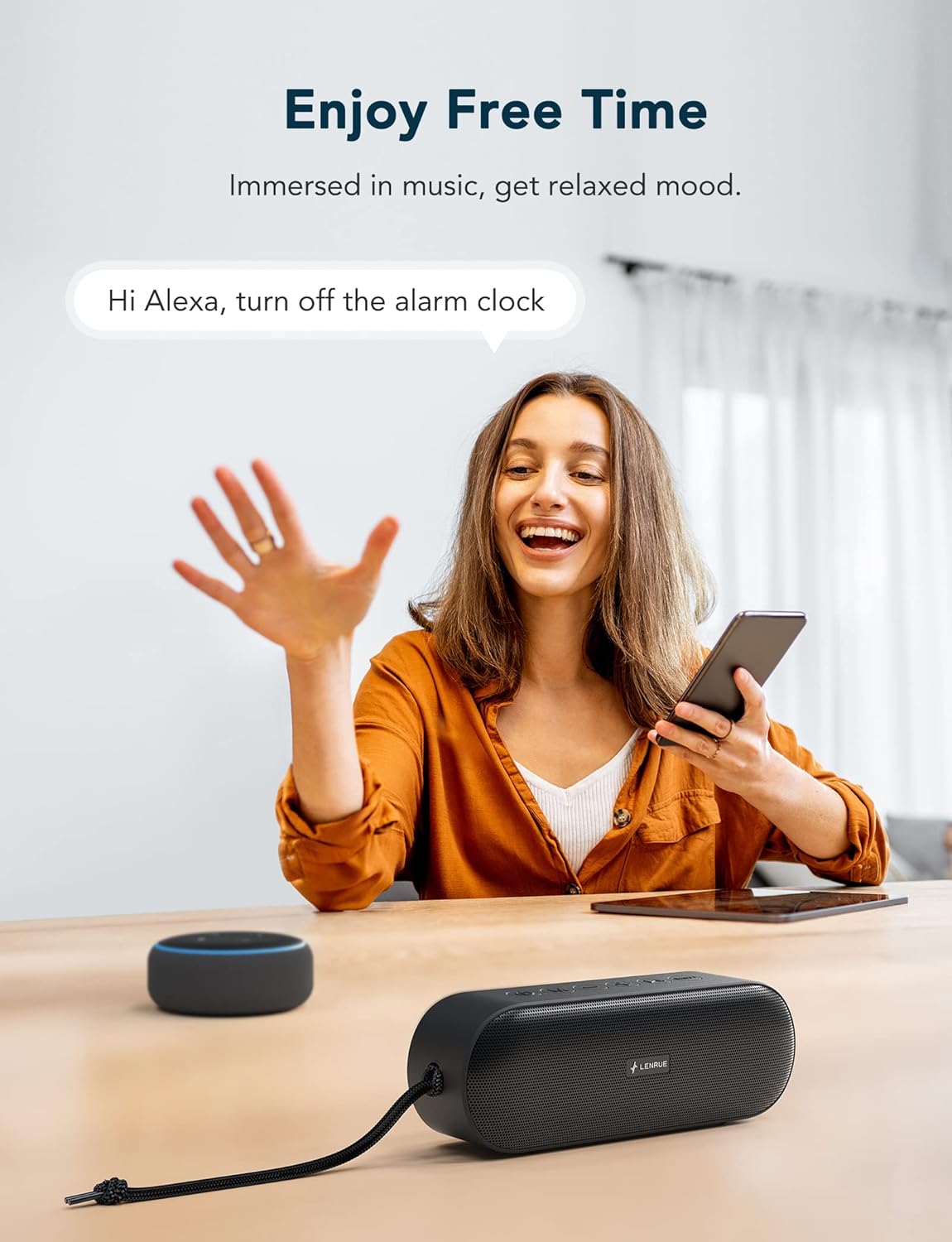 Person using LENRUE A15 speaker with an Alexa device for voice commands