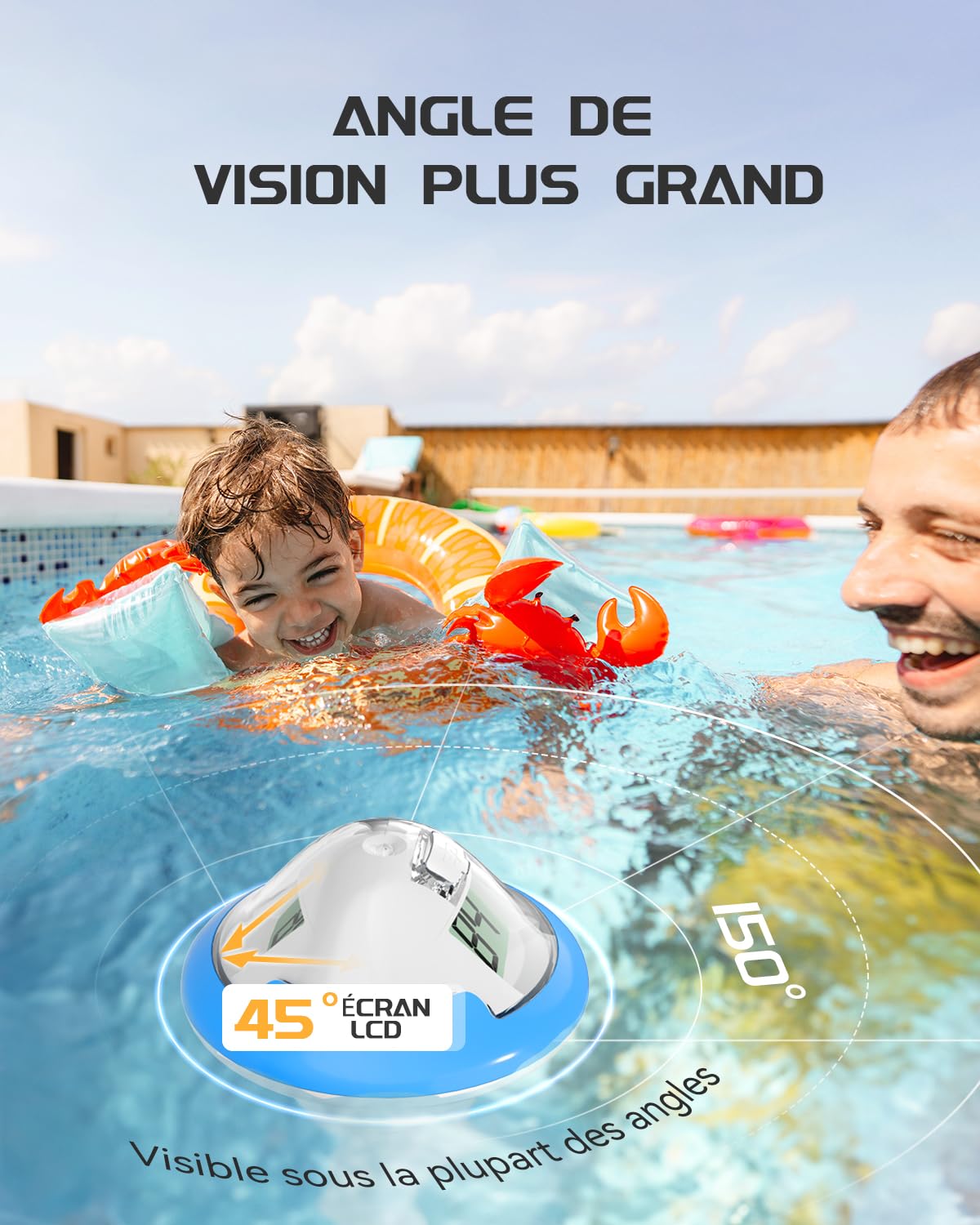 BALDR Termometro da piscina ricaricabile galleggiante con due schermi digitali e grandi cifre per piscina, vasca idromassaggio, sorgente calda, acquario (blu)