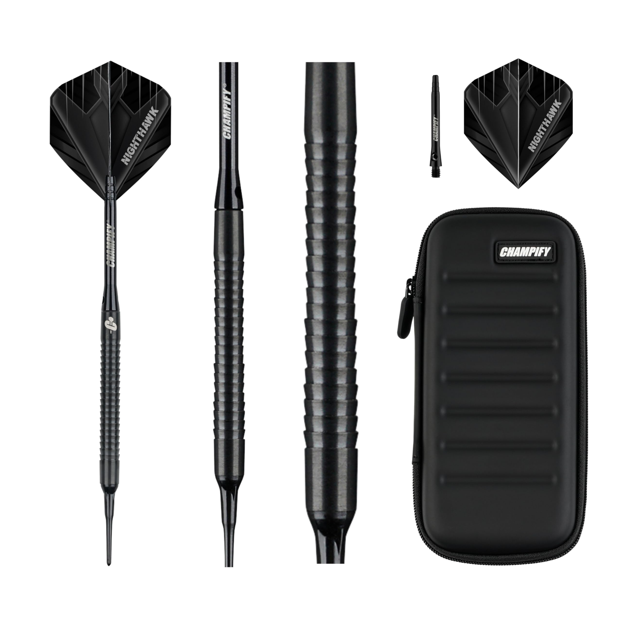 Champify® 18g Tungsten Soft-Darts Set “Nighthawk” mit Kunststoff-Spitze und schwarzer Darttasche | 3 Darts mit 9 Alu-Schäften & 9 Flights & 30 Softdart-Spitzen | Dartpfeile mit Plastik-Spitzen