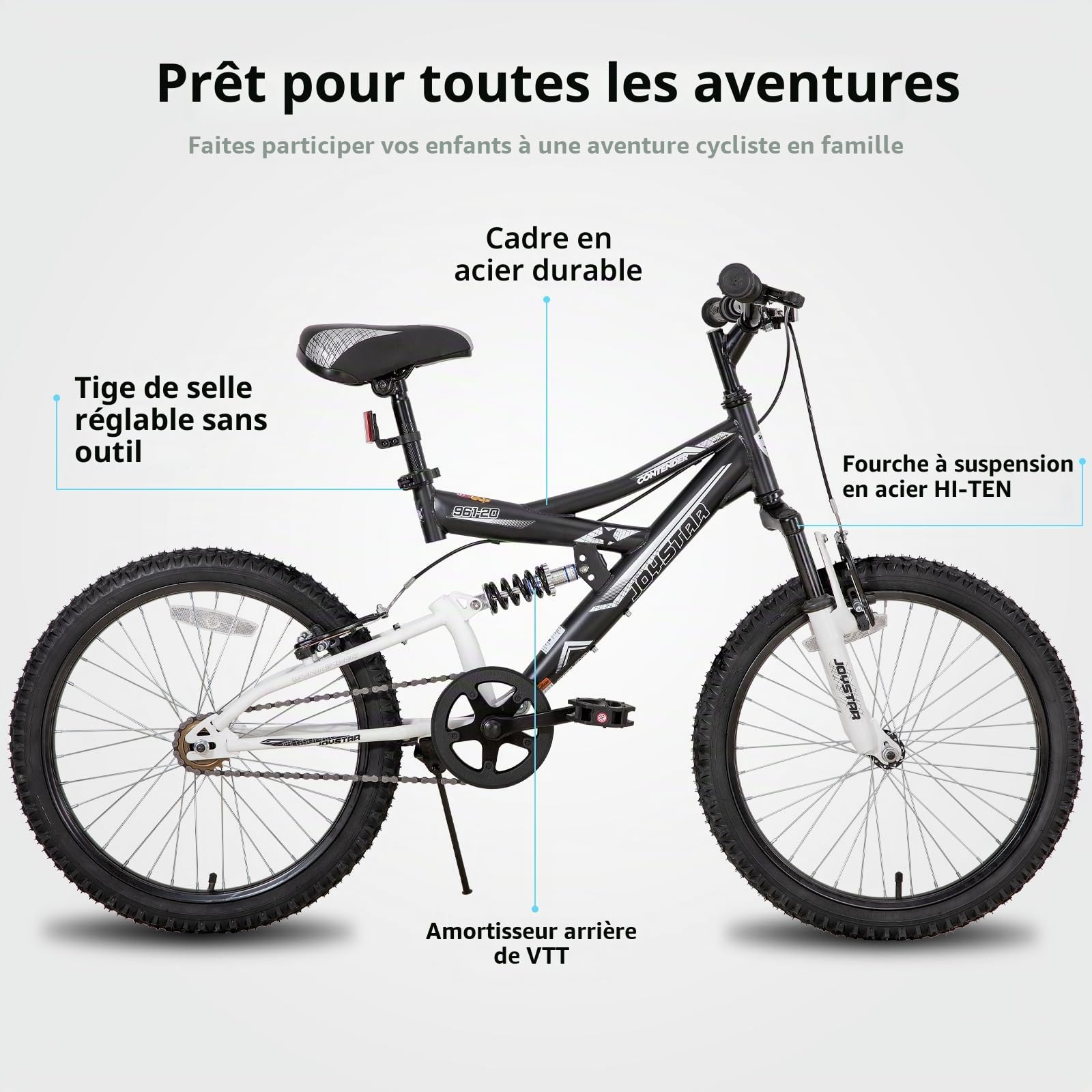 VTT Enfant joystar 20 Pouces pour garçons et Filles de 7 à 13 Ans, vélo Enfant avec Cadre en Acier entièrement Suspendu et Transmission à 1 Vitesse avec béquille