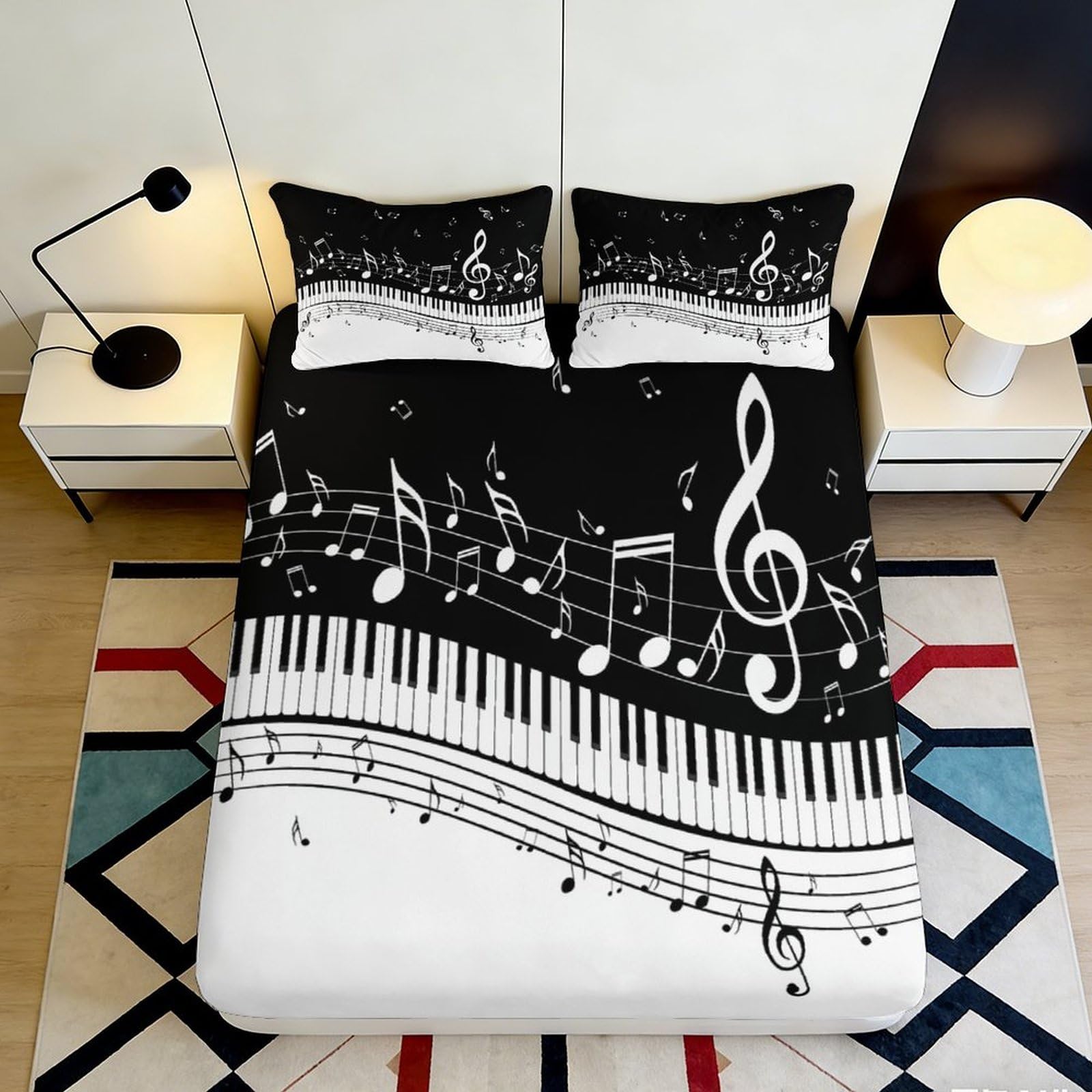 3D Printed Piano Keyboard Fitted Sheet Black White Microfiber Music Notes Bed Cover for Bedroom Guest Room Decor 160x200x25cm
