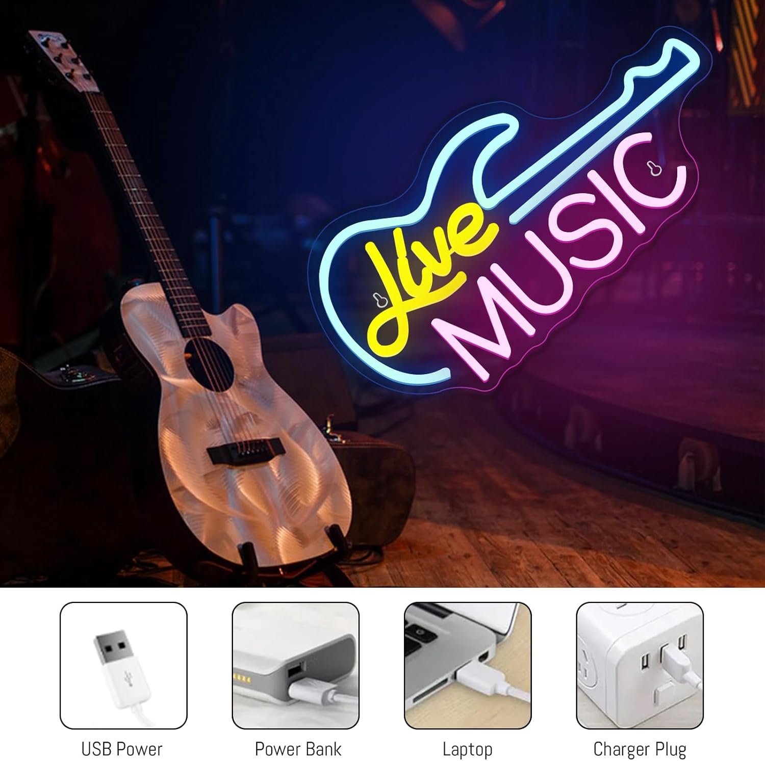 Guitar Neon Sign Live Music Neon Sign Guitar Lamp Led Neon Light for Wall Decoration Guitar Shape Neon Sign Neon Signs for Wall Decor USB Power Supply Dimmer Switch Led Neon Signs for Music Bar