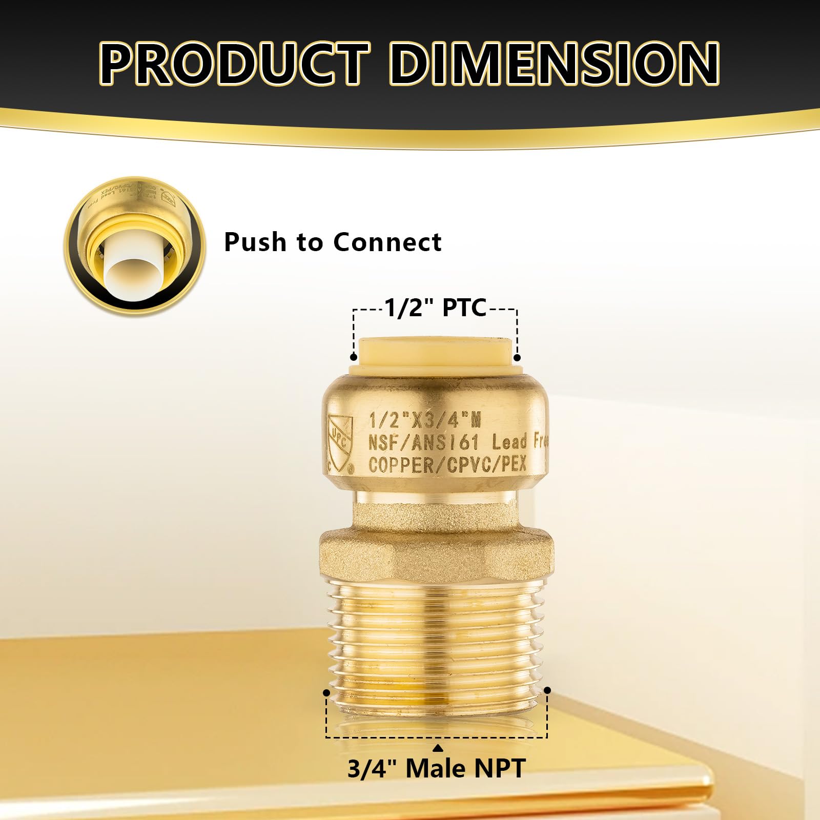 100 szt. złączek mosiężnych Foskan 1/2" Push-to-connect x 3/4" z gwintem zewnętrznym, do łączenia rur PEX, miedzianych, C, PE-RT, z zaciskiem rozłączającym do napraw hydraulicznych (PTC x MNPT)