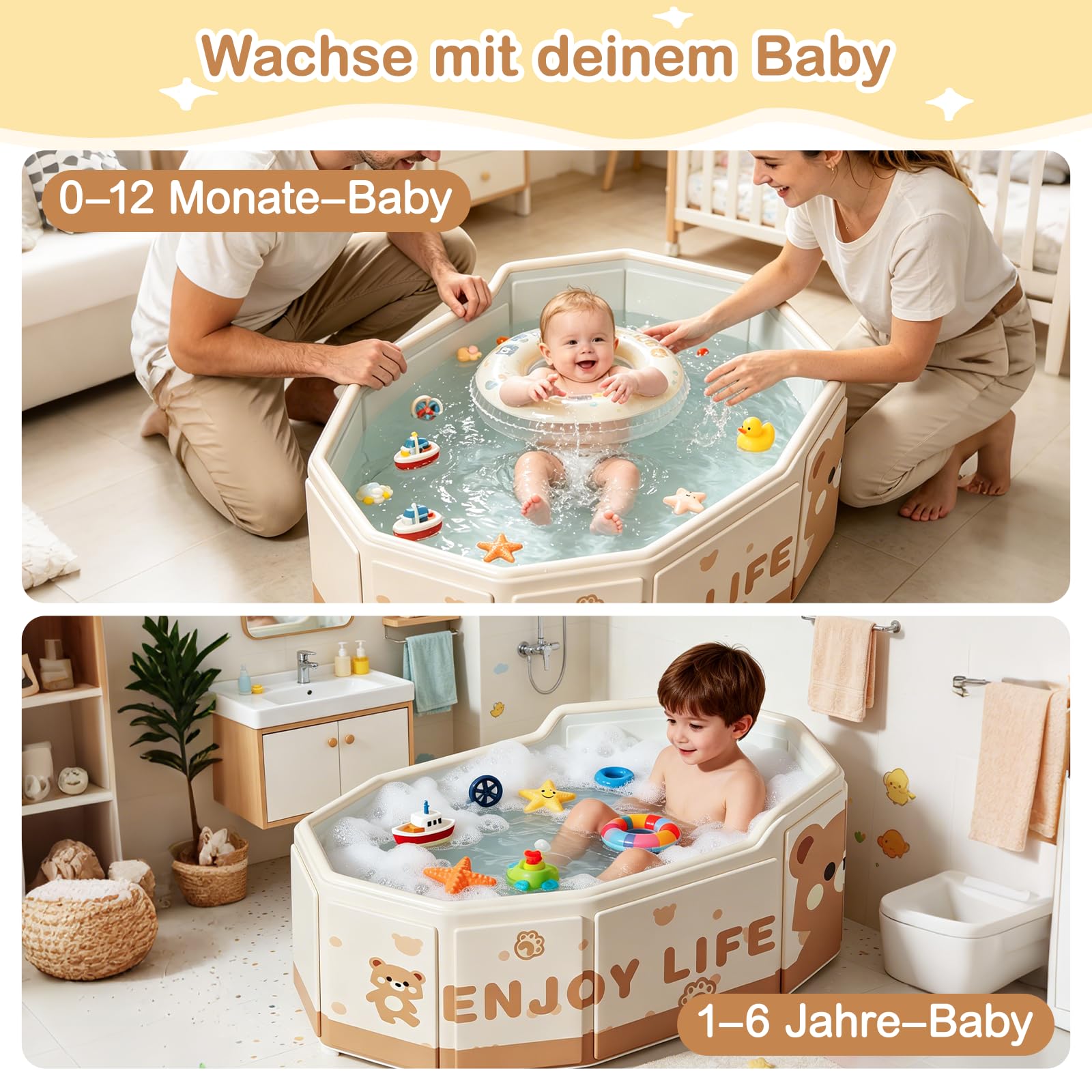 Babybadewanne faltbar, tragbare Babywanne 0-8 Jahre, Kinderplanschbecken & kleiner Kinderpool für Dusche und Badewanne, mit Ablassschraube, kompakt, leicht, platzsparend, reisefreundlich ideal