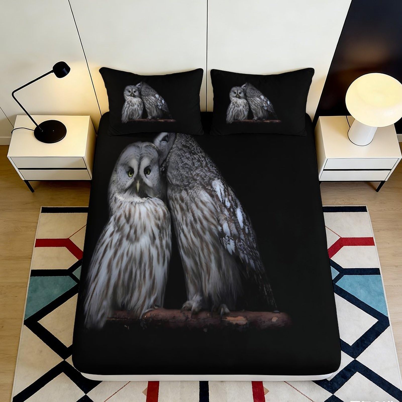 Jqzkxnhpbr Style-9 3D Printed Grey Owl Fitted Sheet Microfiber Soft Breathable Black Night Forest Mattress Cover For Bedroom Dorm Decor 90X200x25cm