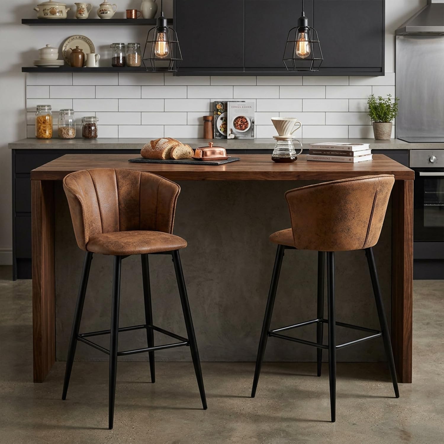 MEUBLE COSY Set di 2 Sgabelli da Bar o Cucina Industriale, Altezza di 72cm, con Schienale e Poggiapiedi, Imbottiti in Pelle Scamosciata, per Bancone, Sala da Pranzo e Sgabello da Bistrot, Marrone