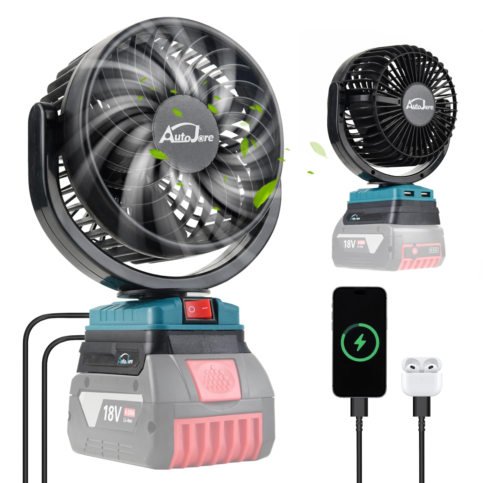 Akku-Lüfter Kompatibel mit Bosch 18V Mini Ventilator mit 2 USB-Aufladung 360° drehbar Tragbarer Lüfter für Camping, Werkstatt, Haushalt und Baustellen (5 zoll, Ohne Akku)